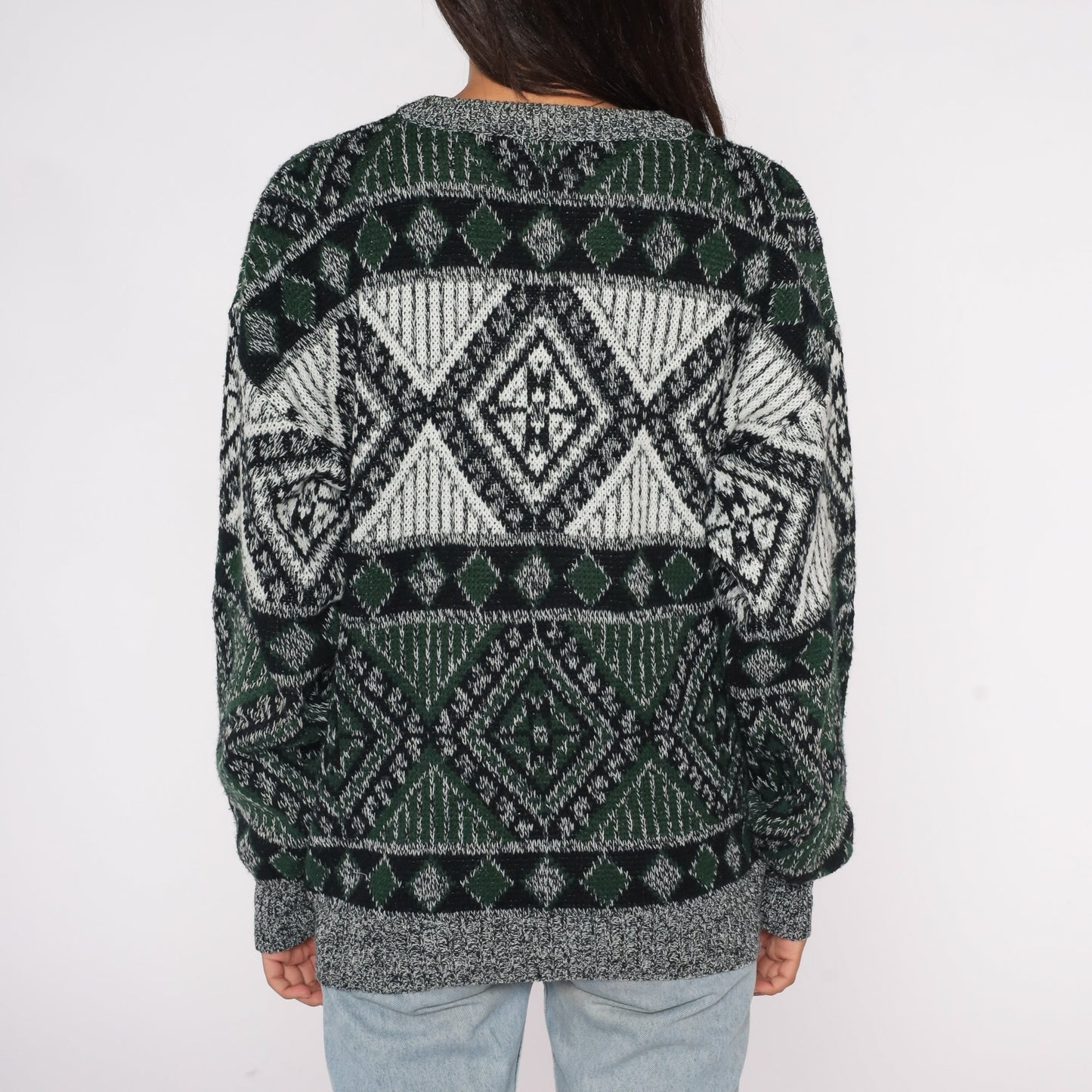 90s Geometric Leather Patch Crewneck Sweater Green Large L