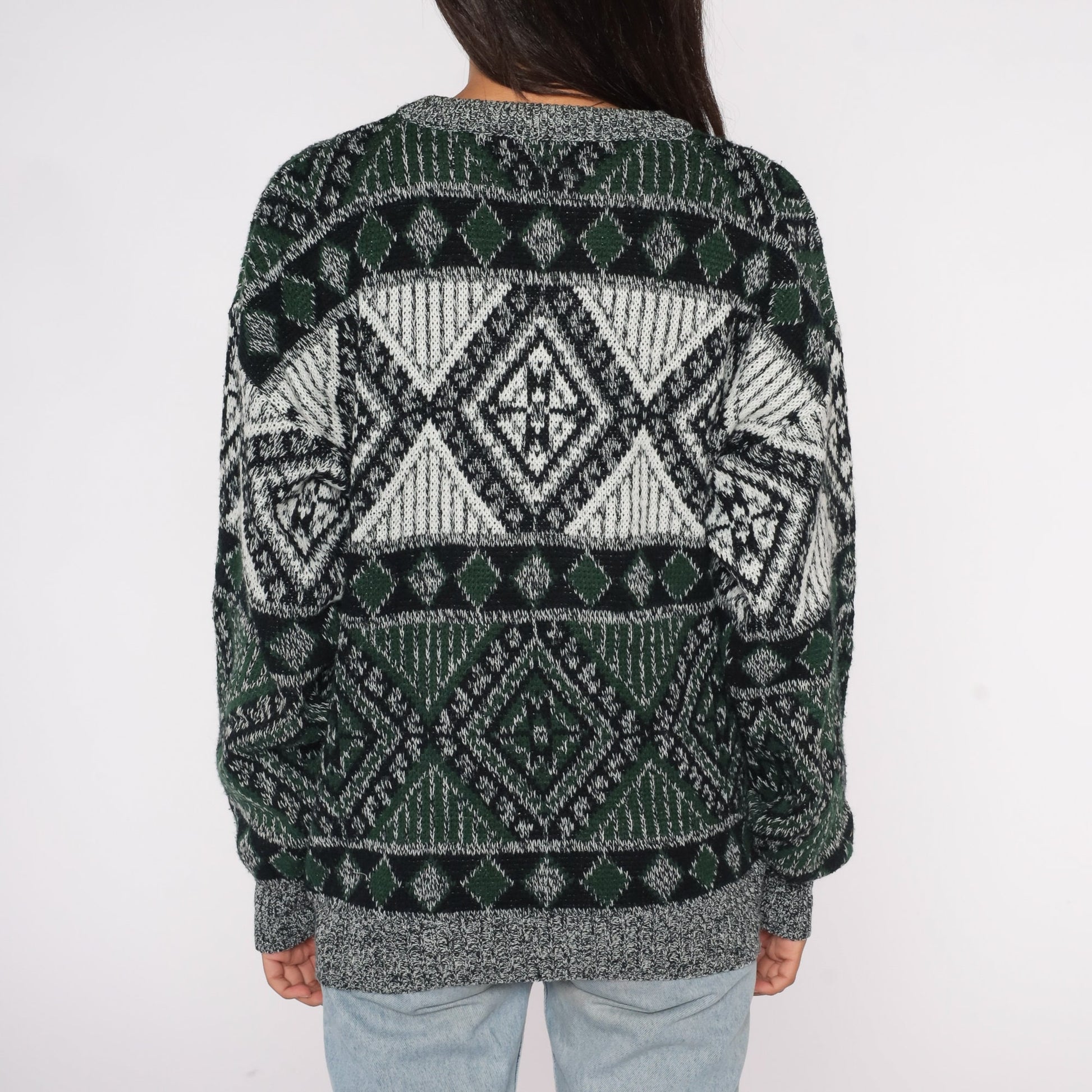 90s Geometric Leather Patch Crewneck Sweater Green Large L