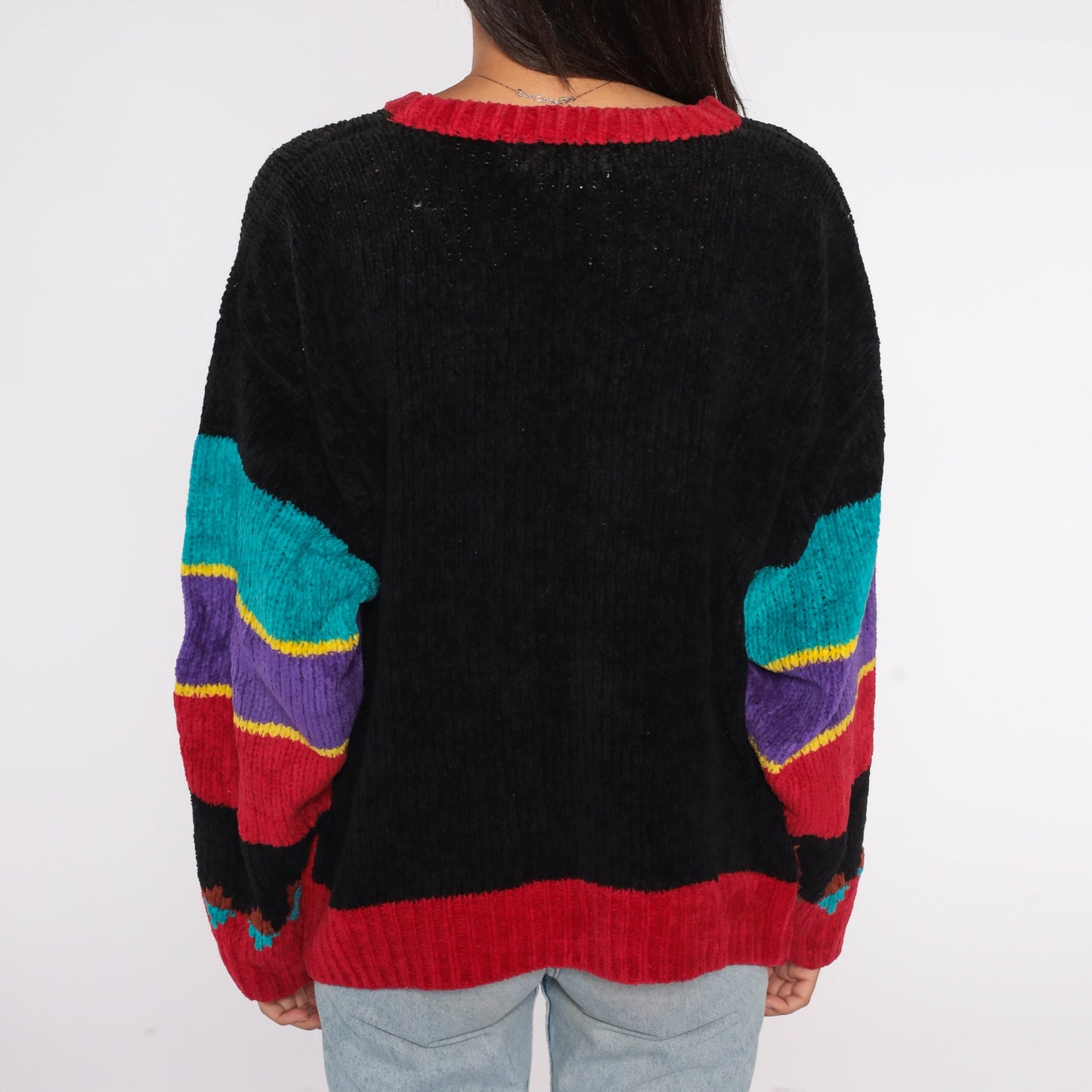 90s Geometric Chenille Sweater Red Black Star People Pullover Extra Large XXL