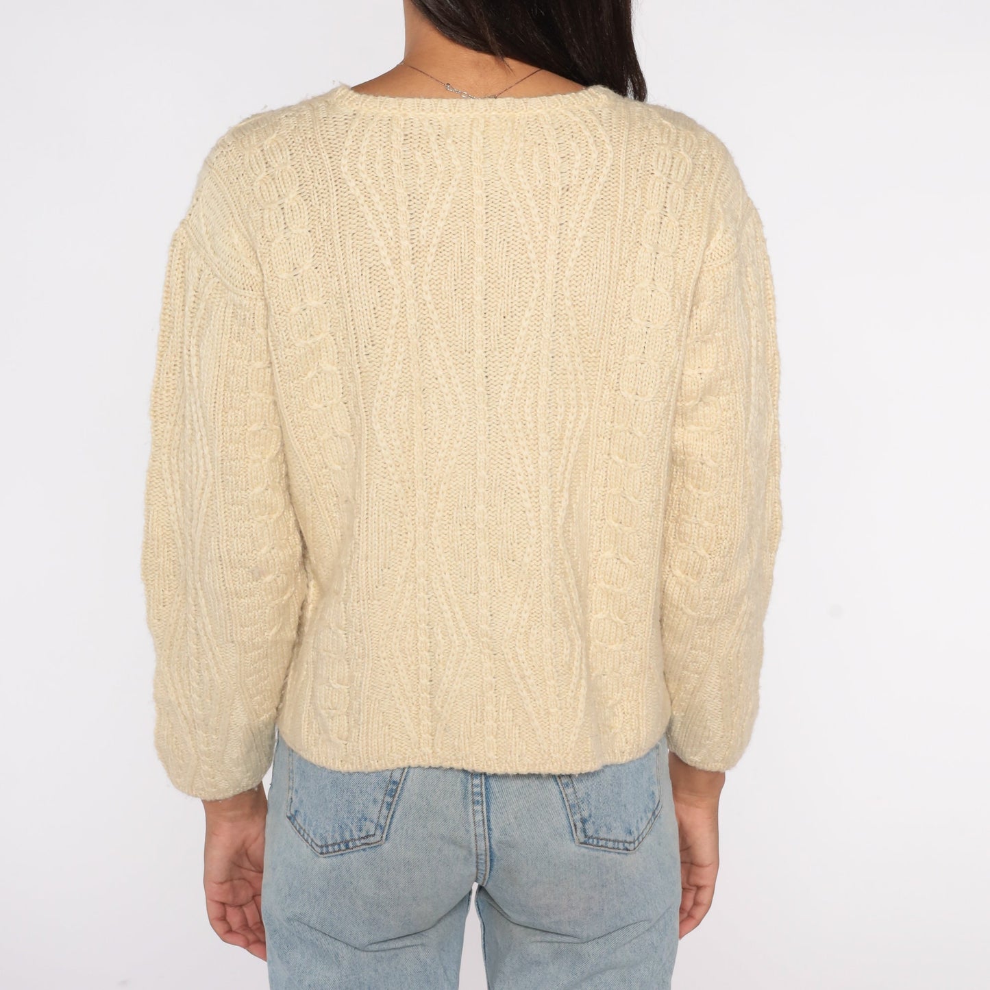 00s LL Bean Cream Wool Cable Knit Crewneck Sweater Extra Small XS