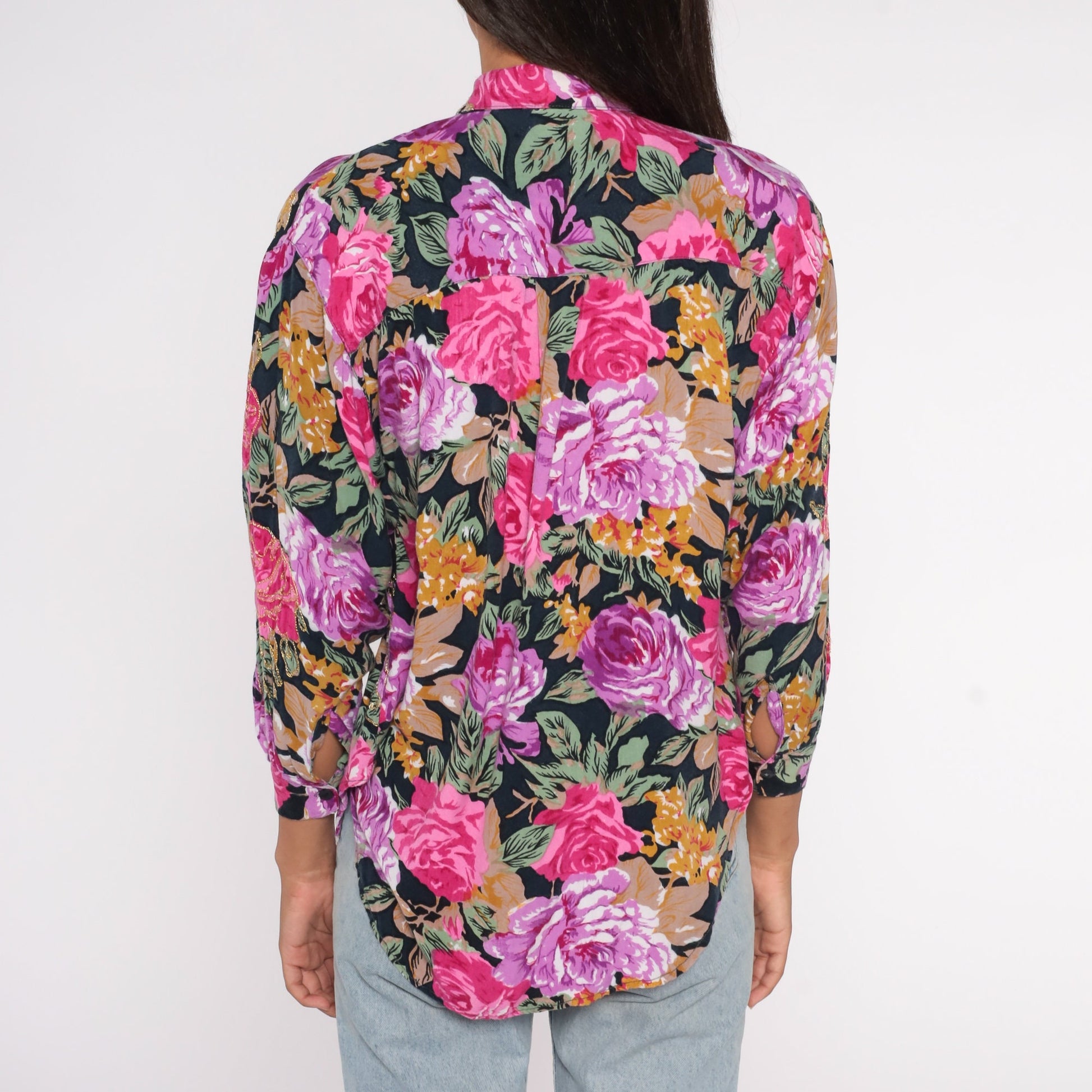 90s Floral Button Up Blouse Metallic Gold Pink Purple Rayon Small