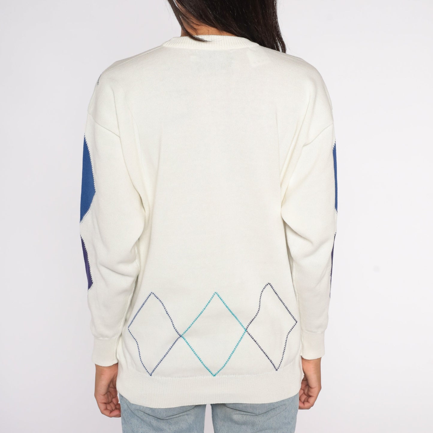 90s Geometric Diamond Jacquard Sweater White Blue Pullover Extra Large XXL