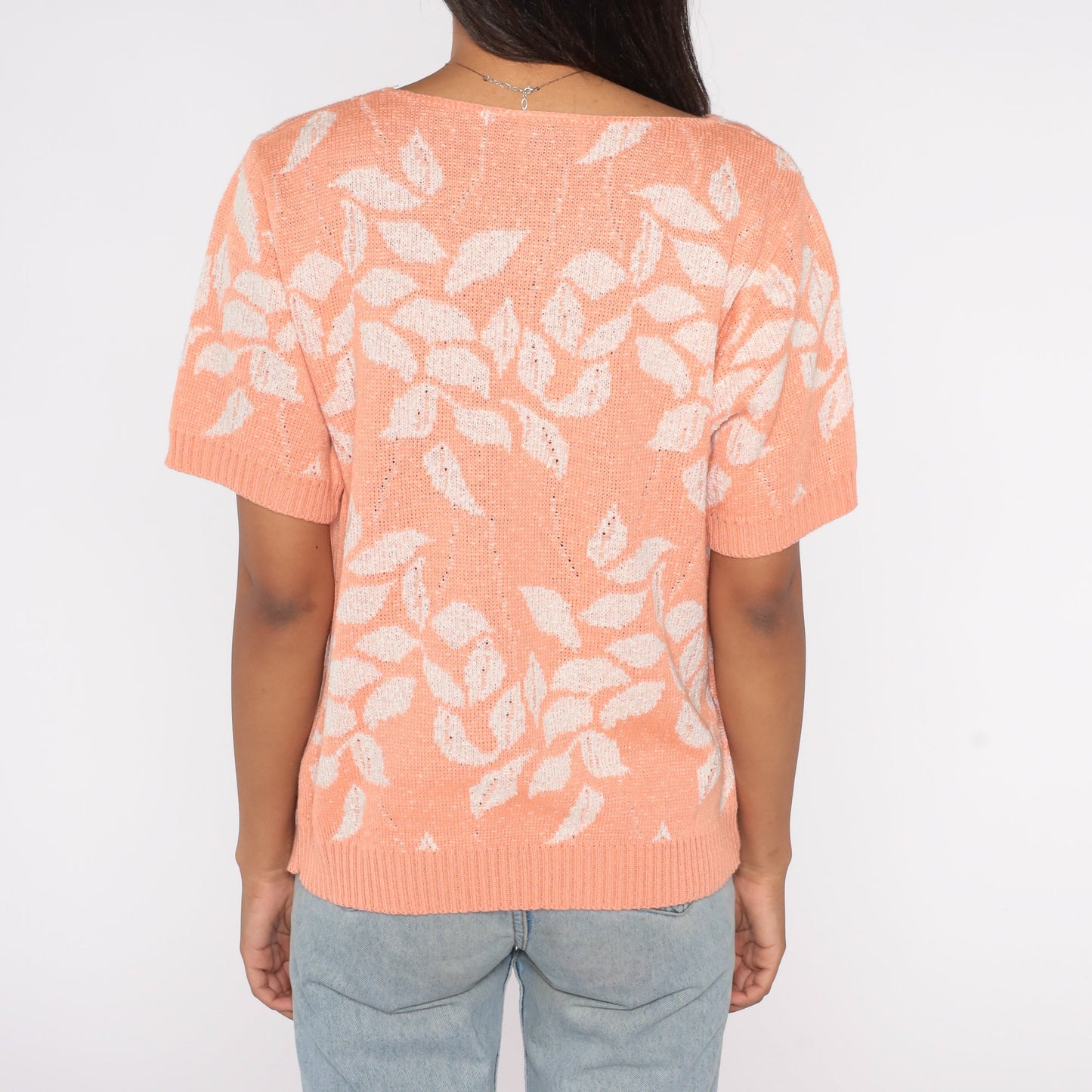 80s Orange Leaf Knit Sweater Short Sleeve Botanical Print Extra Large XXL
