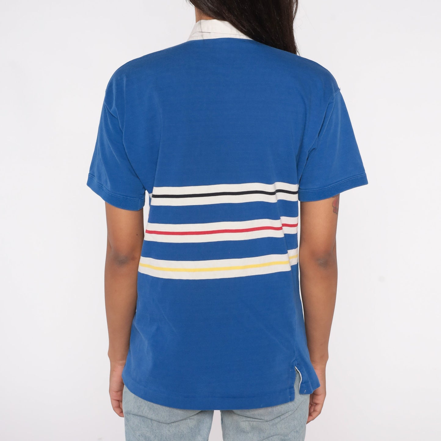 80s Blue Striped Polo Shirt Cotton Half-Button Collared Small