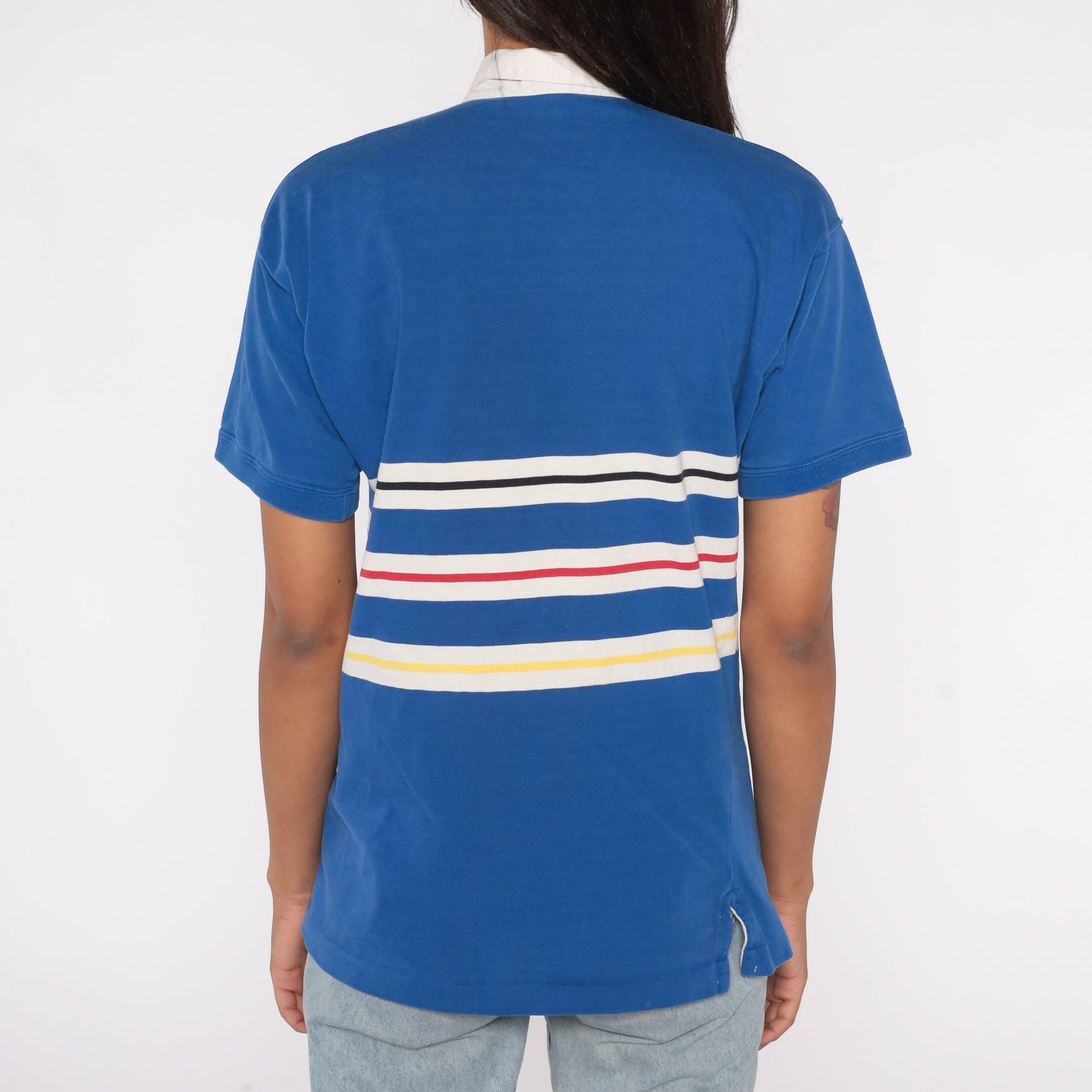 80s Blue Striped Polo Shirt Cotton Half-Button Collared Small