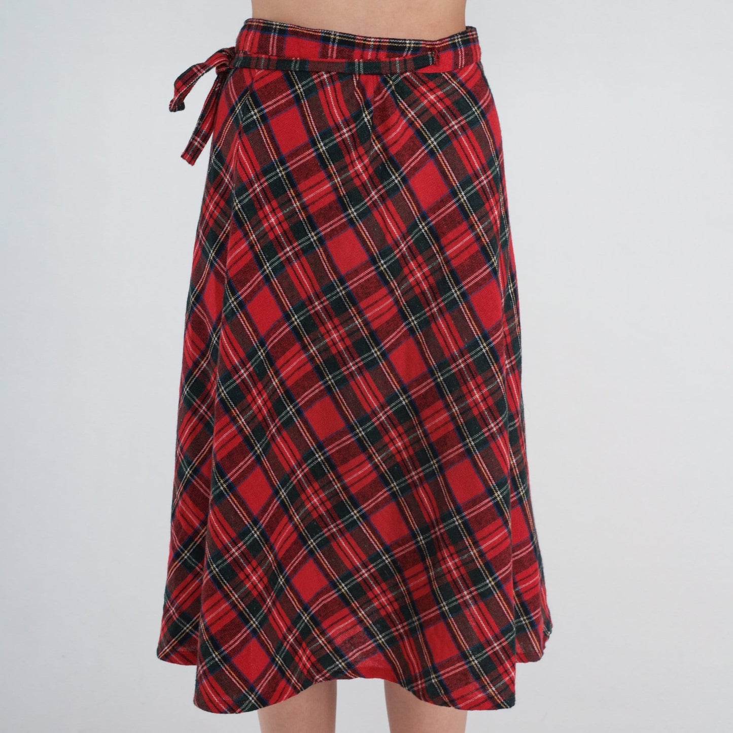 80s Red Plaid Wool Blend Midi Wrap Skirt High Waist Small Medium