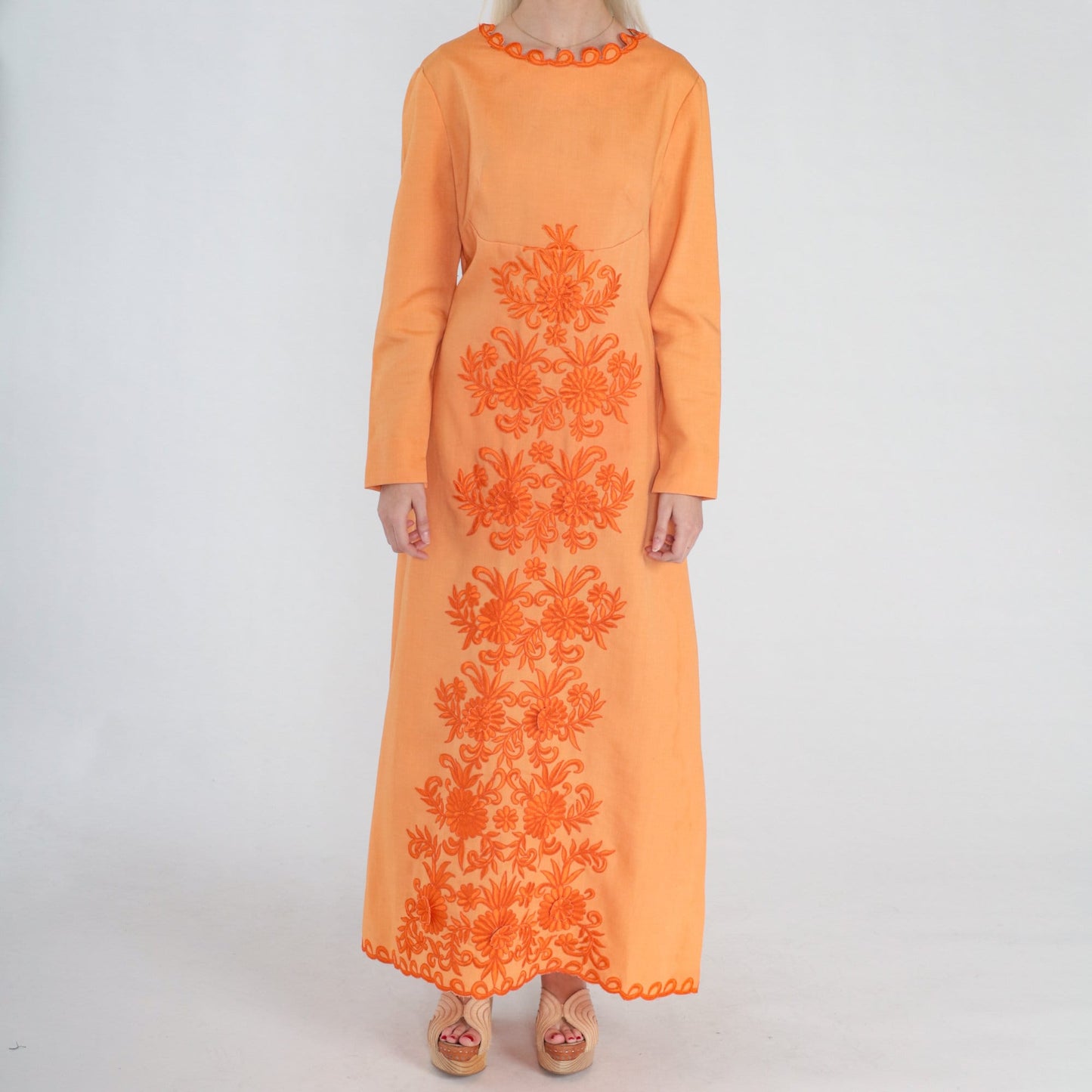 70s Orange Floral Embroidered Maxi Dress Empire Waist Long Sleeve Small