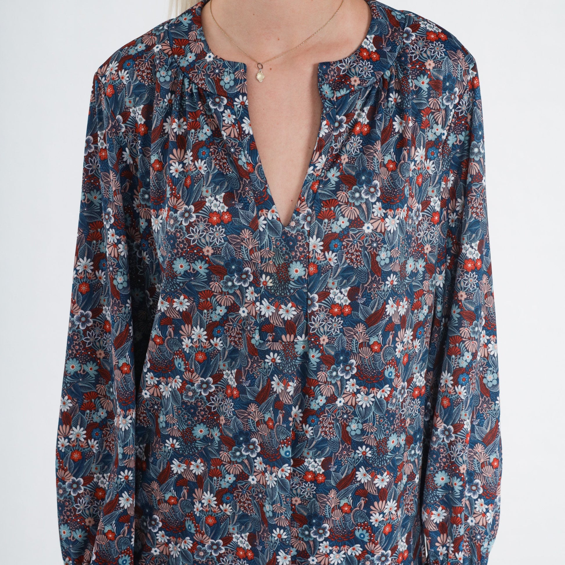 70s Navy Floral Mini Shift Dress Long Sleeve V Neck Medium M