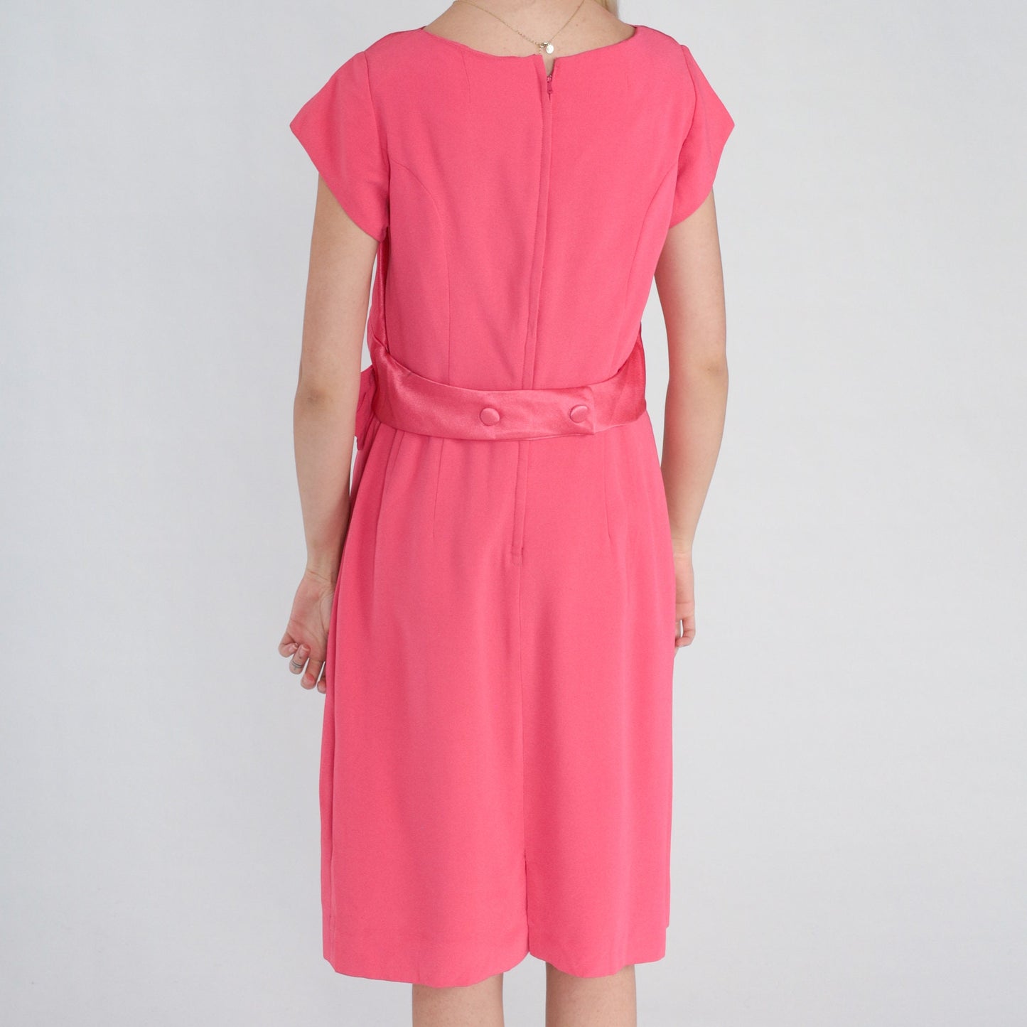 60s Pink Shift Dress Cowl Neck Cap Sleeve Bow Waist Knee Length Medium M