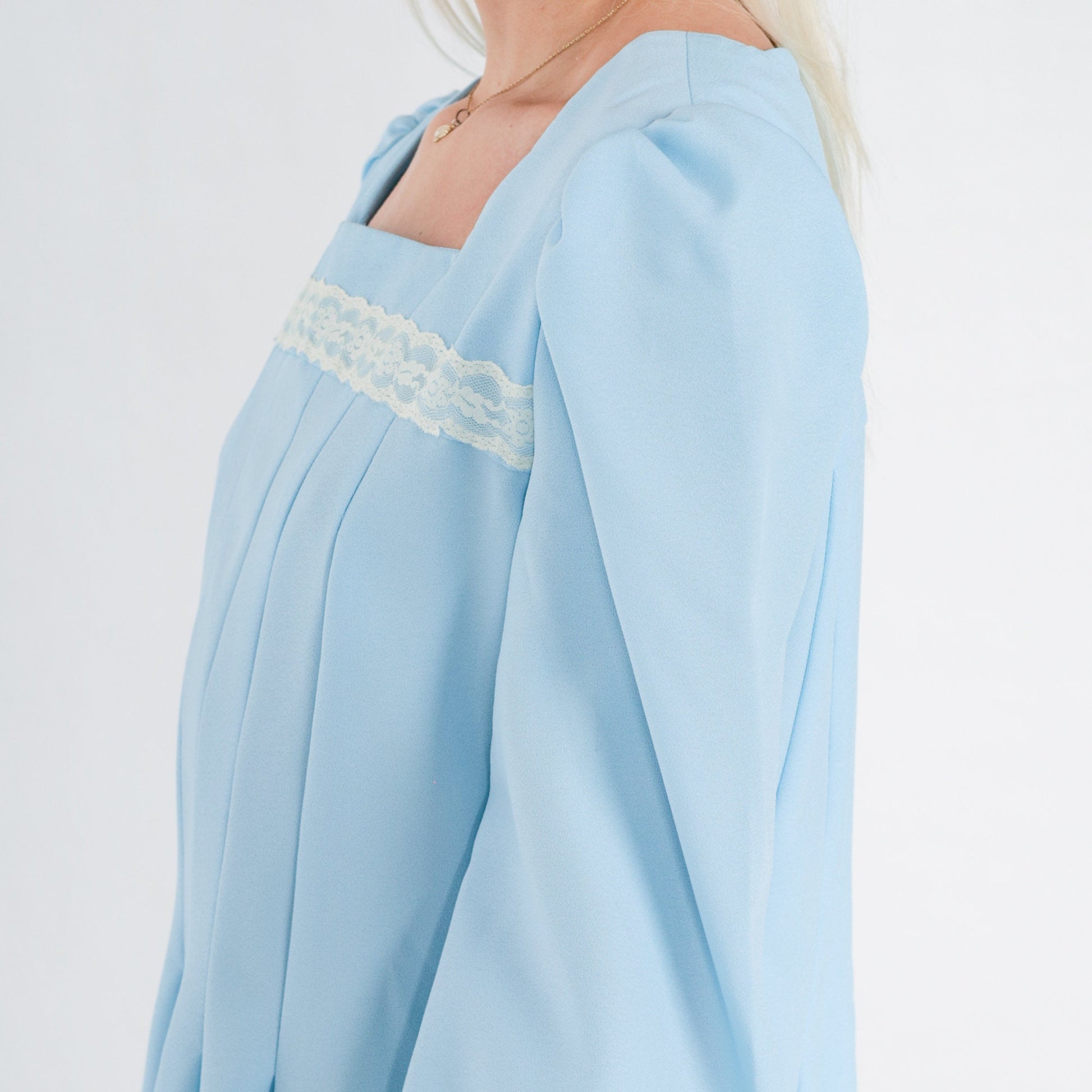 70s Blue Mini Dress Puff Sleeve Pleated Lace Trim Small