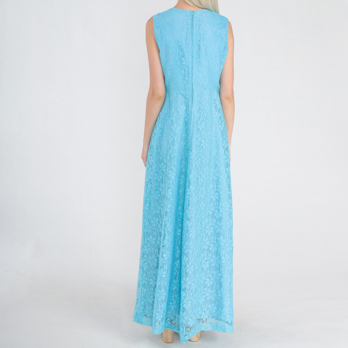70s Blue Floral Lace Maxi Dress Rhinestone Empire Waist V Neck Small