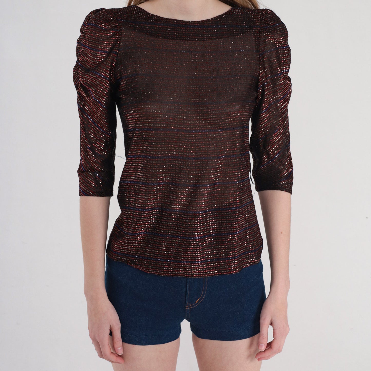 80s Metallic Striped Puff Sleeve Blouse Semi-Sheer Red Blue Black Gold Extra Small