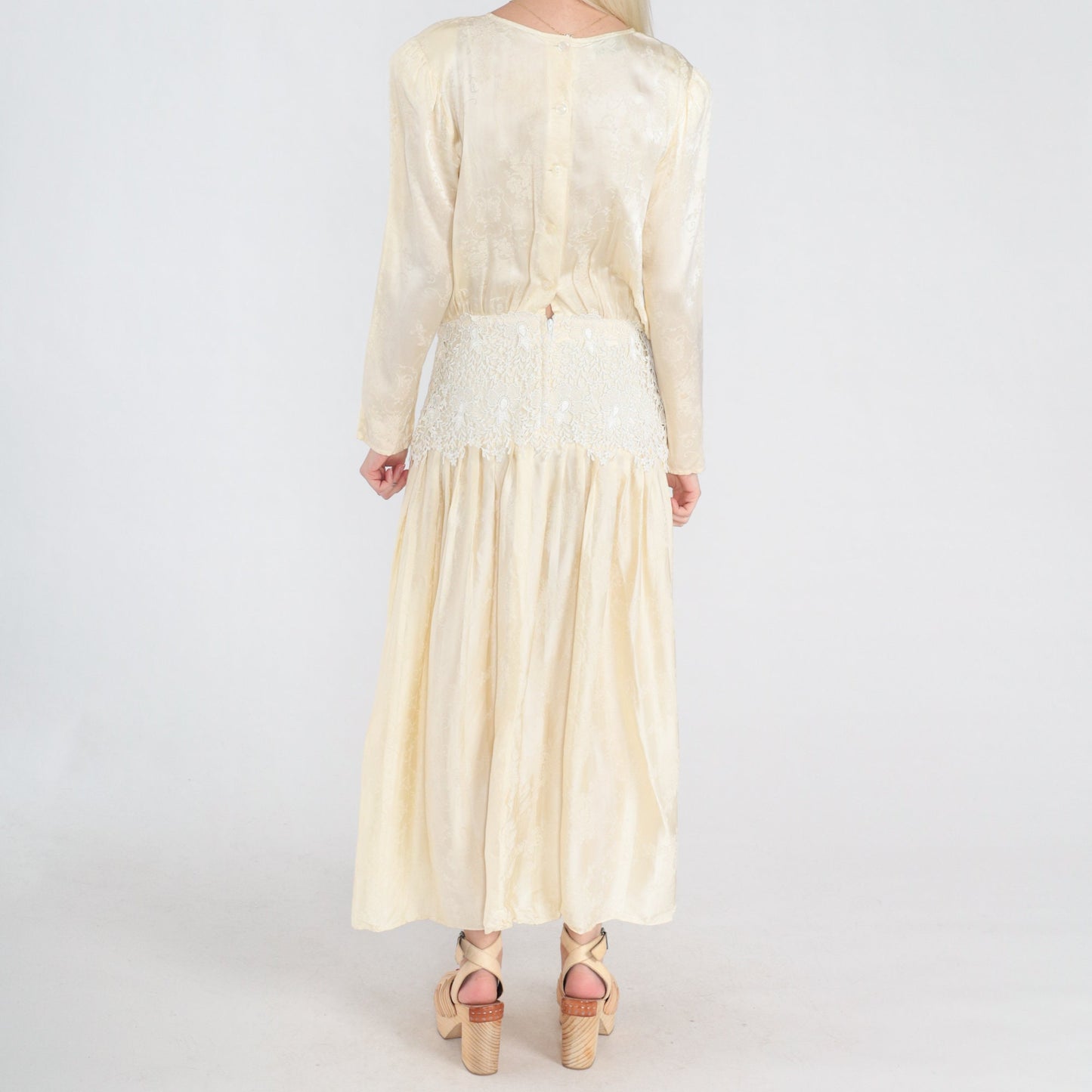 80s Jessica McClintock Cream Silk Midi Dress Embossed Floral Lace Long Sleeve Medium