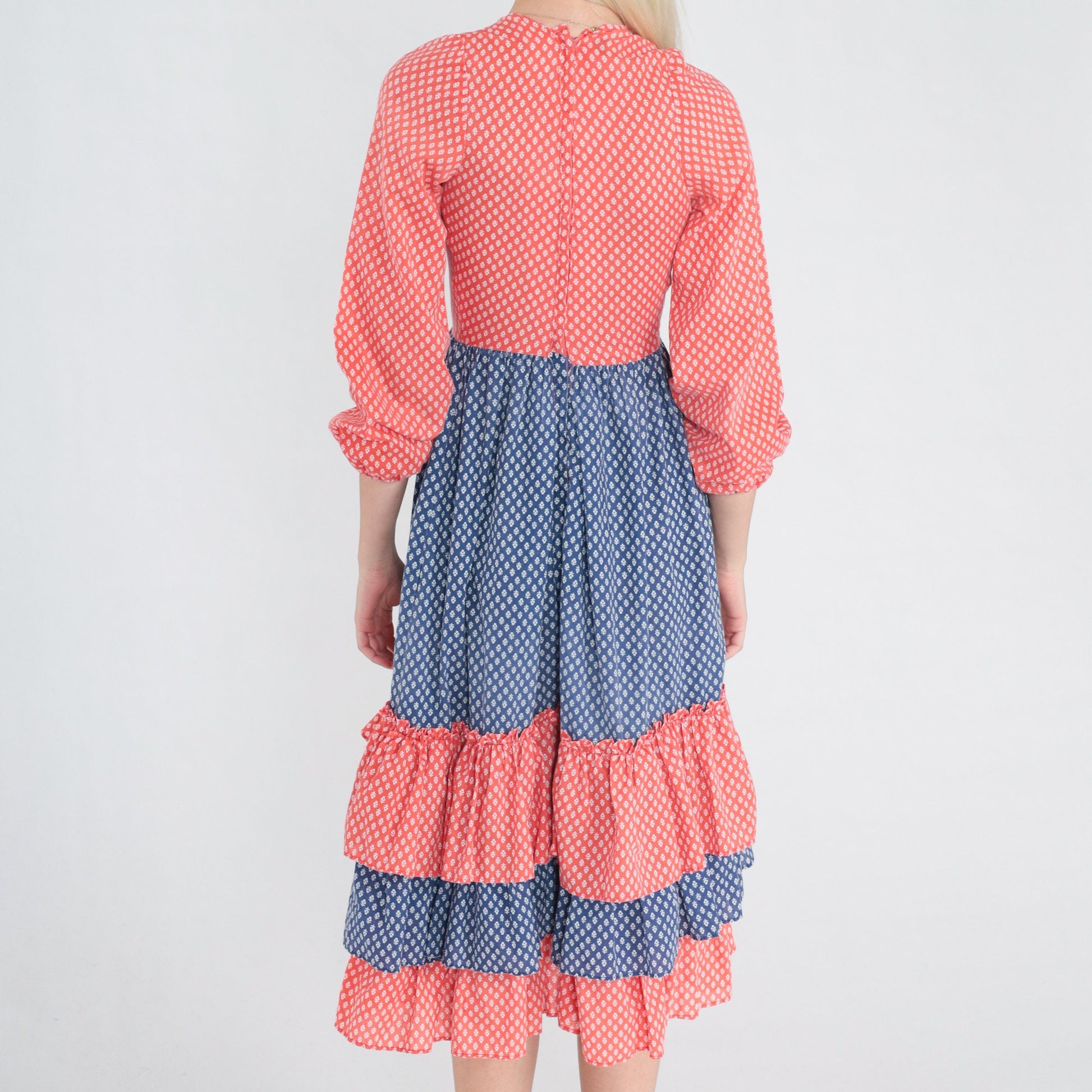 70s Calico Floral Midi Dress Red Blue Tiered 3/4 Sleeve XXS