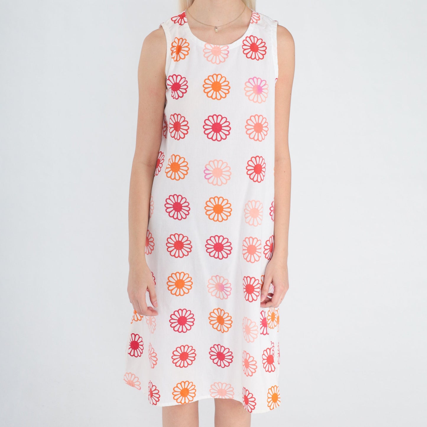 80s White Daisy Floral Shift Dress Sleeveless Knee-Length Small