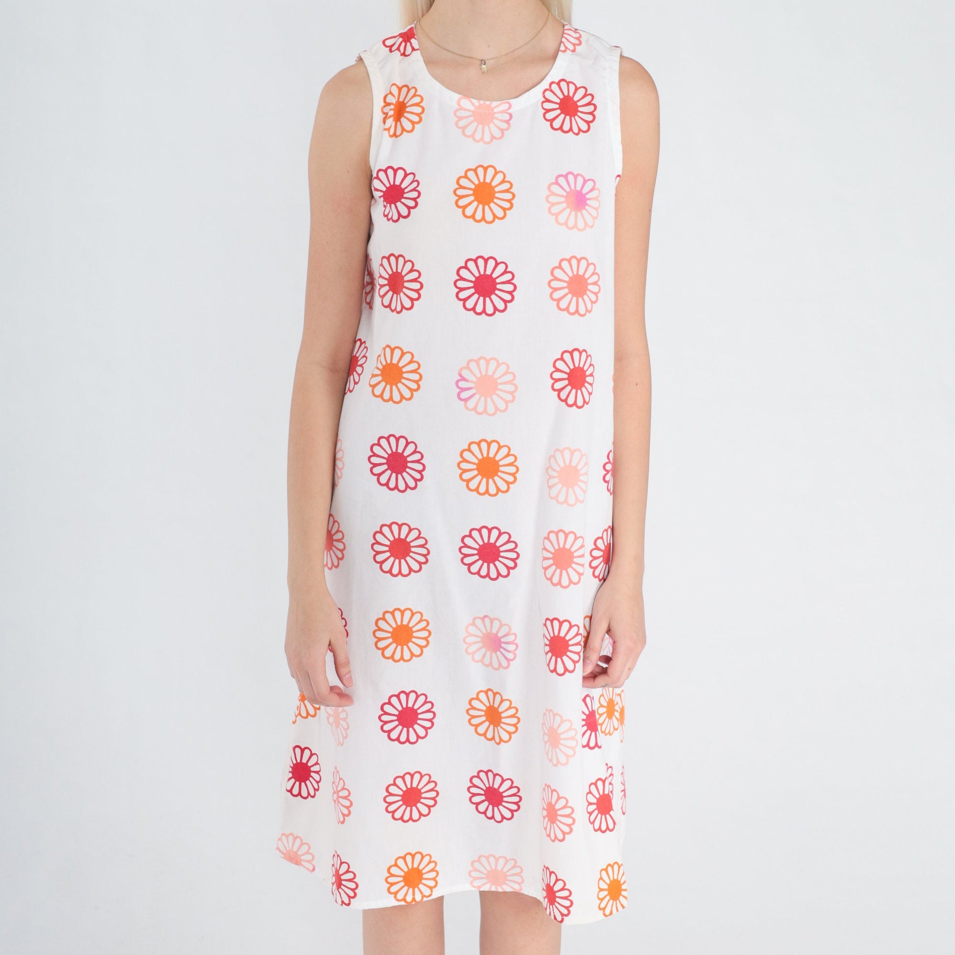 80s White Daisy Floral Shift Dress Sleeveless Knee-Length Small