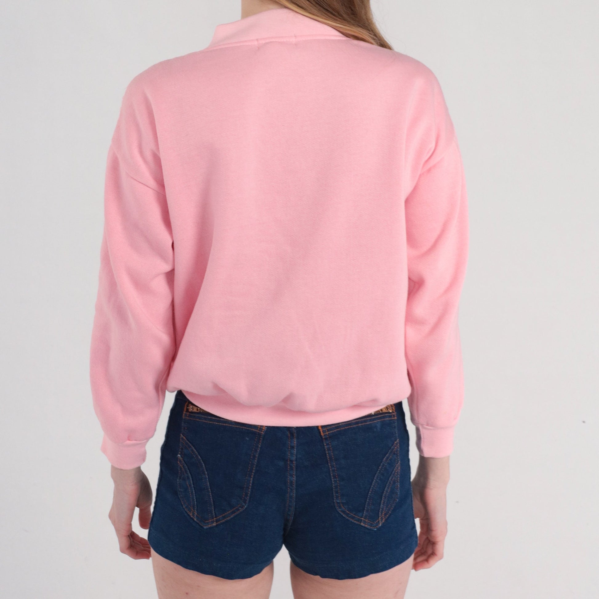 80s Pink Cable Knit Henley Sweatshirt Snap Pullover Small
