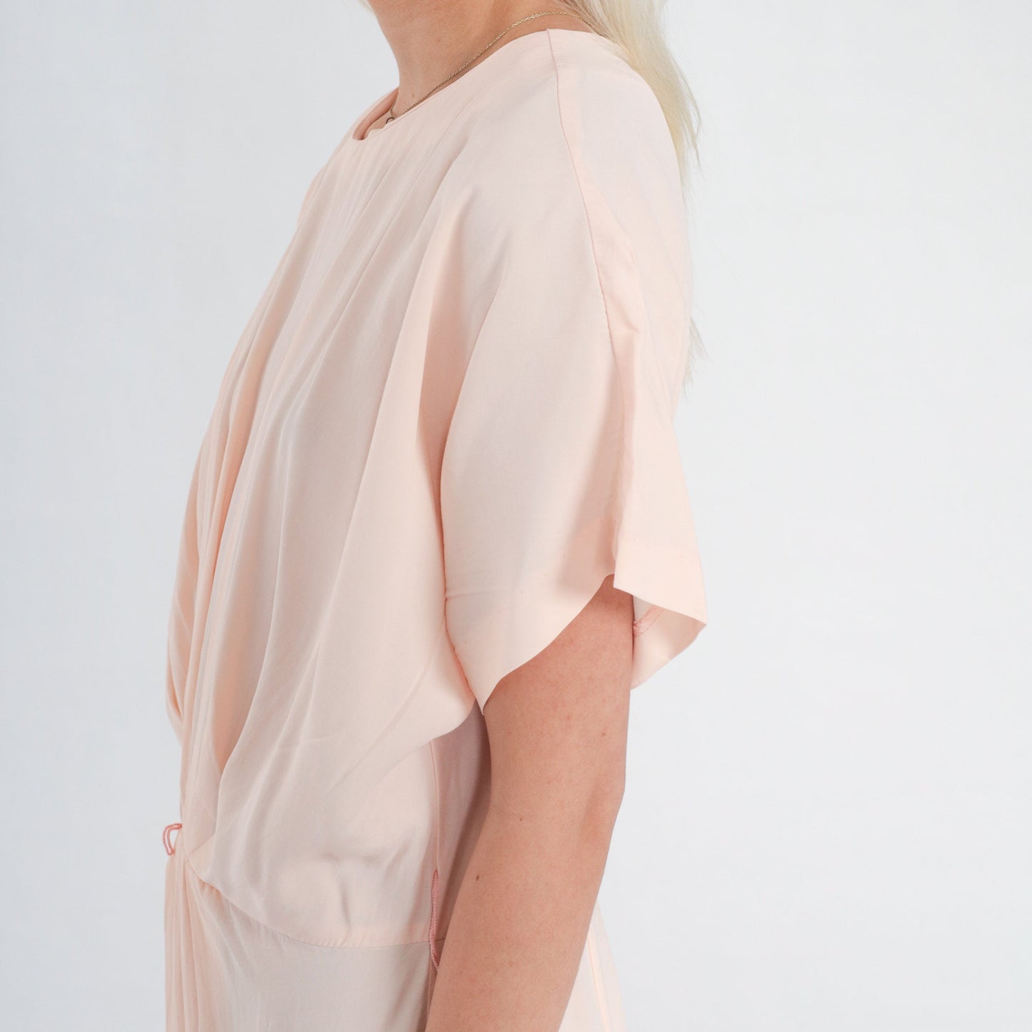 80s Pale Pink Pleated Midi Dress Short Sleeve Cocoon Acetate Medium Large