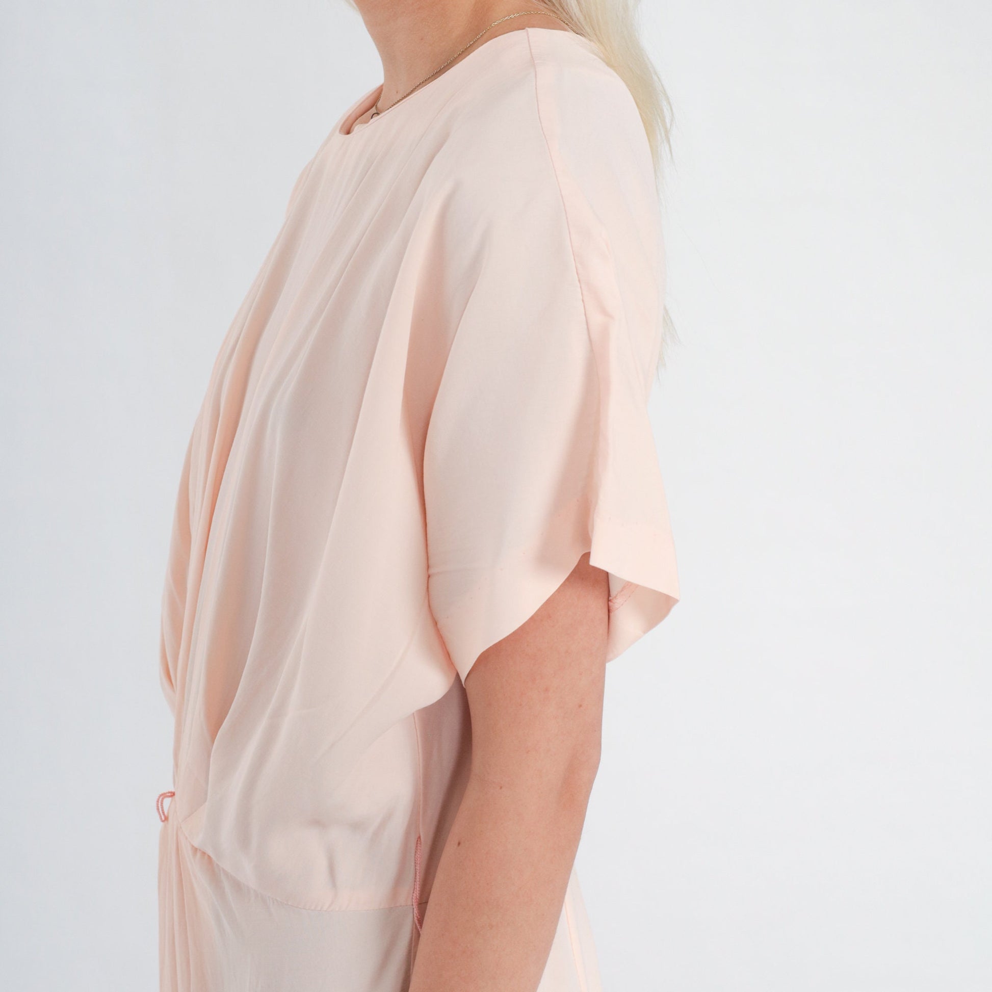 80s Pale Pink Pleated Midi Dress Short Sleeve Cocoon Acetate Medium Large