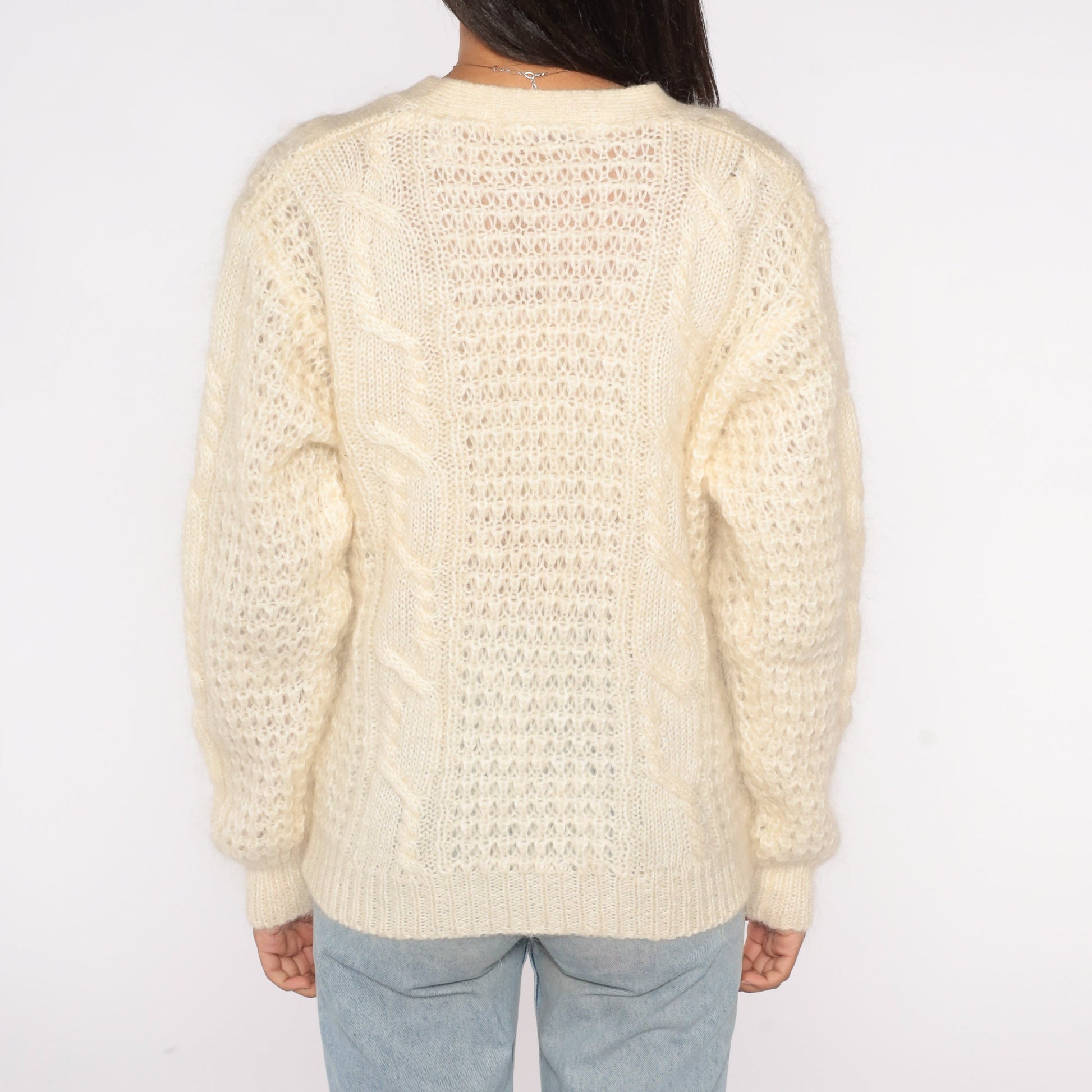 90s Karen Scott Cable Knit Cardigan Cream Wool Mohair V Neck Medium