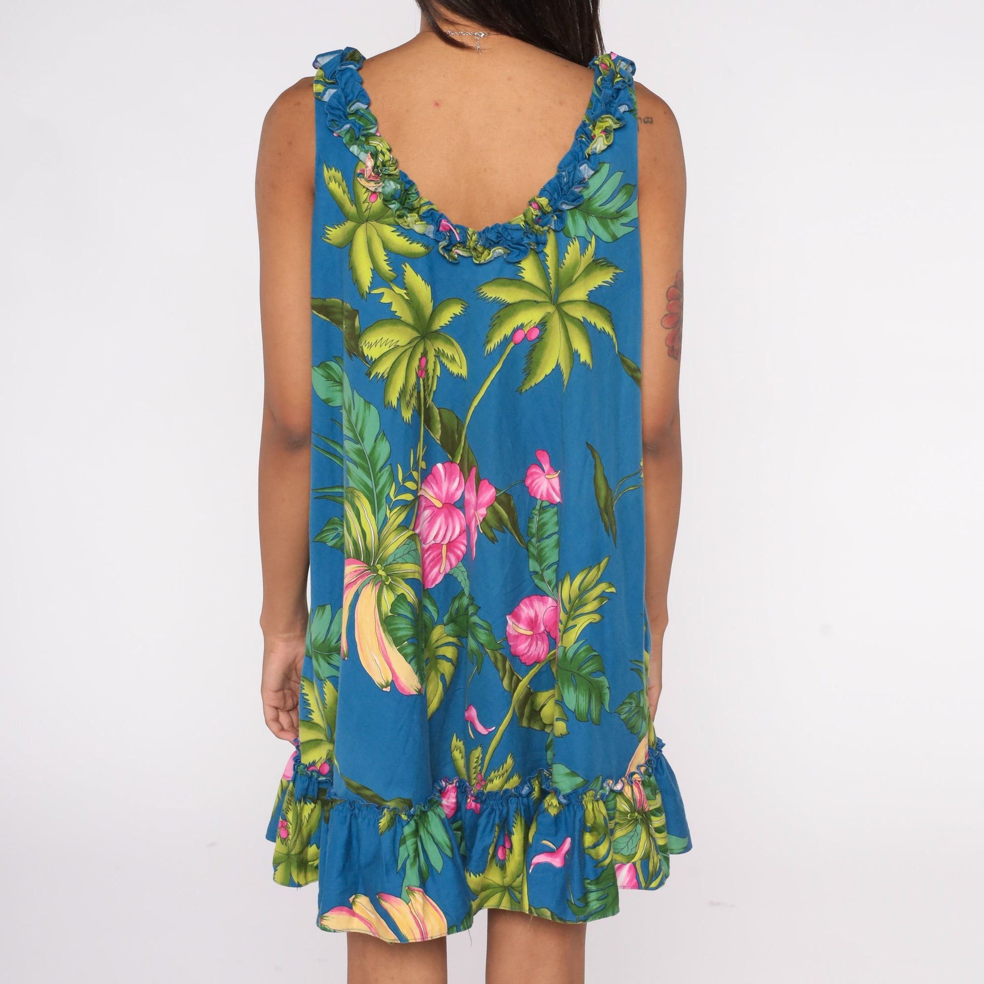 Y2K Tropical Floral Banana Mini Dress Sleeveless Ruffled Trim Green Blue Pink Large