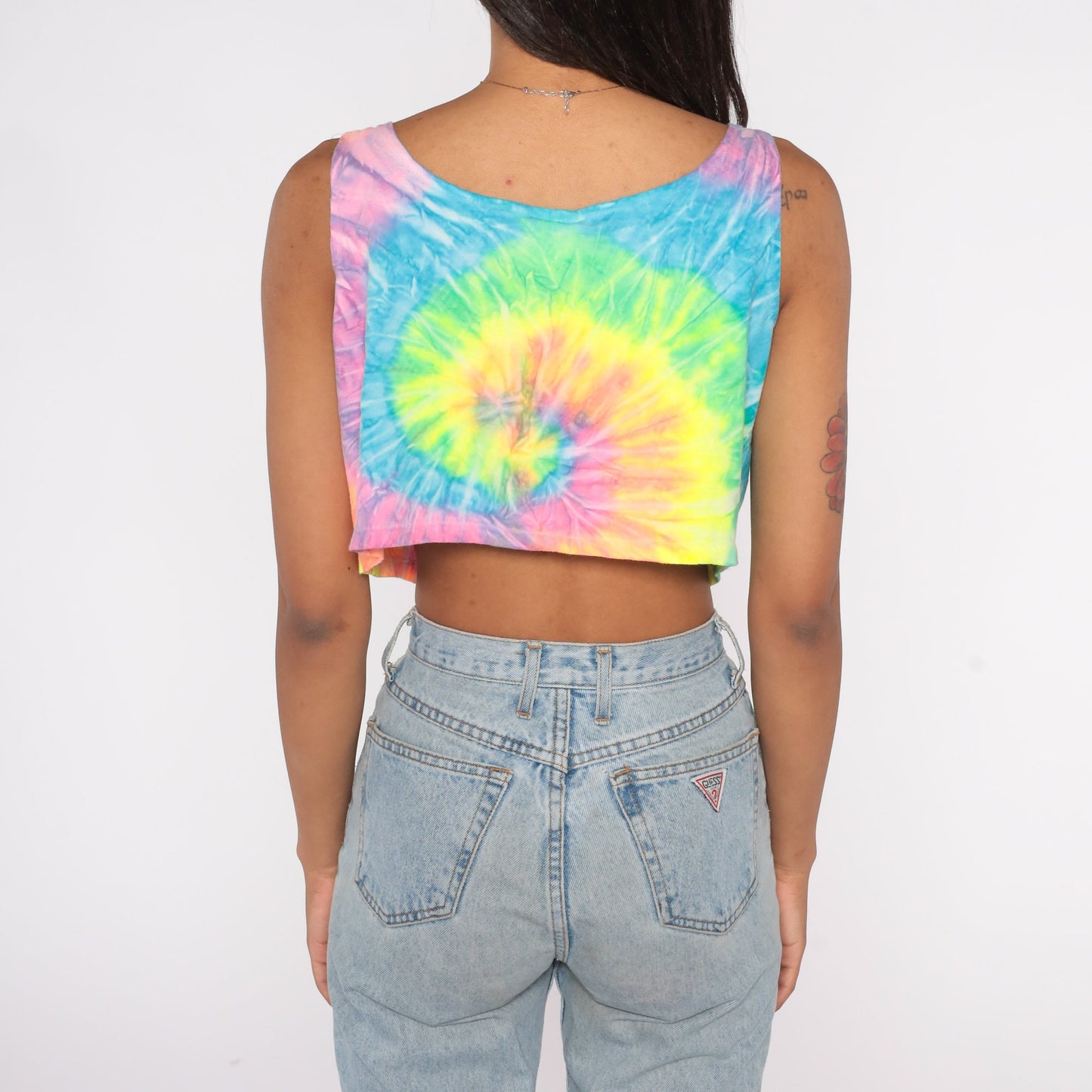 90s Neon Tie Dye Crop Tank Top In Gear Cotton Sleeveless Large