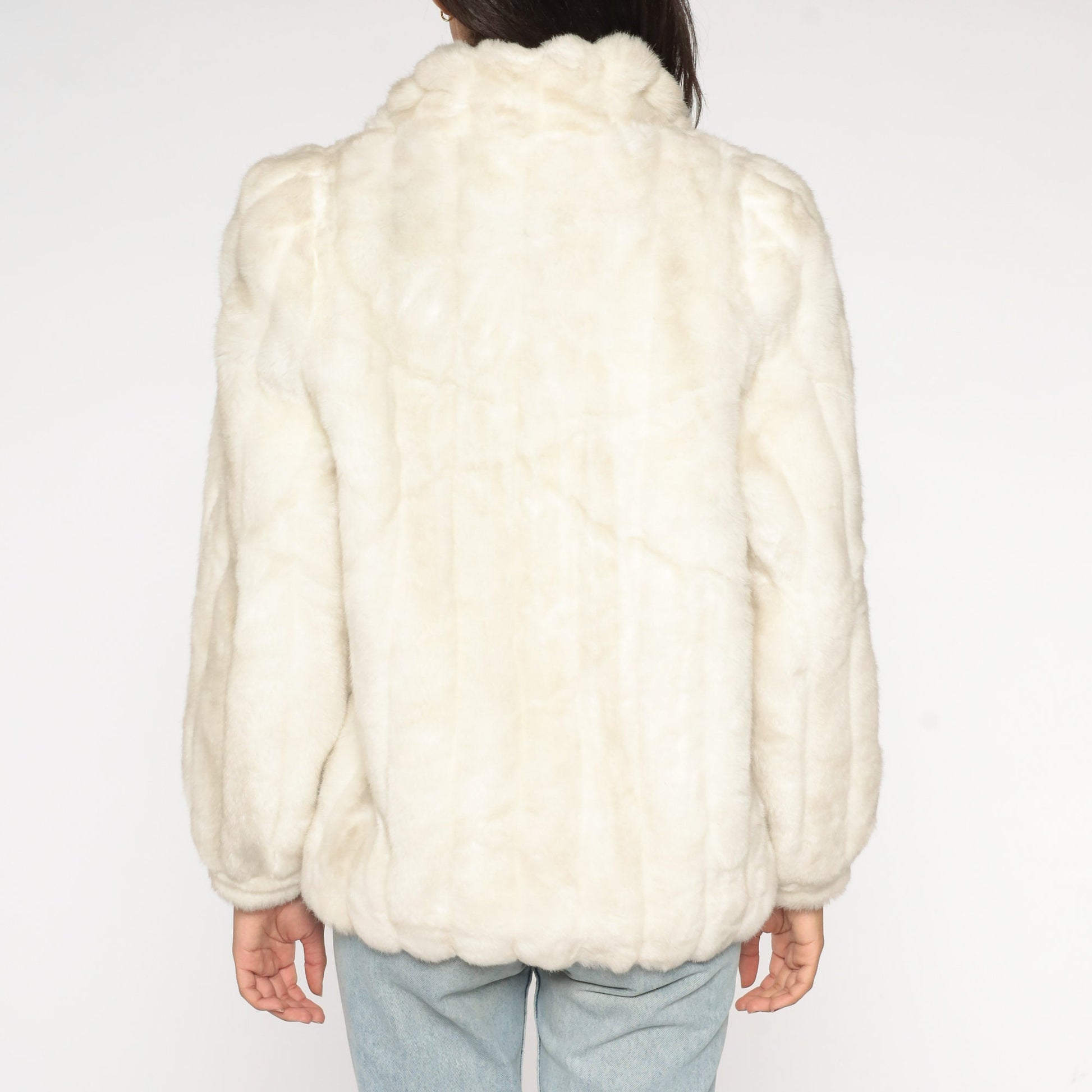 80s Jordache Faux Fur Coat Cream Zip-Up Jacket Medium