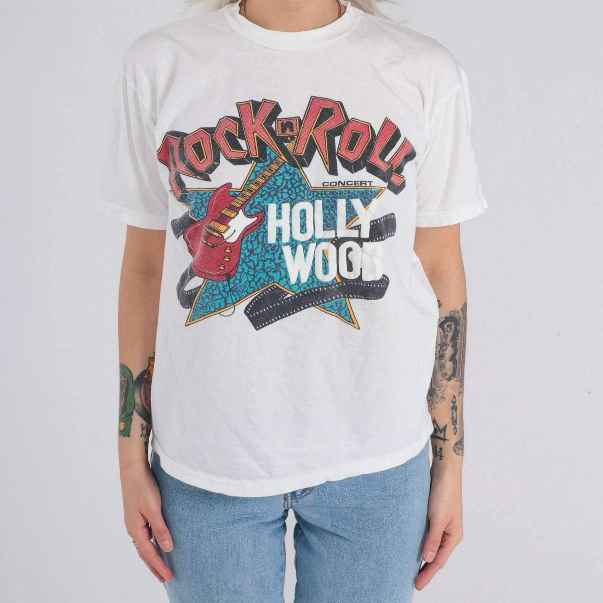 90s Rock n Roll Hollywood Graphic T-Shirt White Guitar Concert Tee Medium