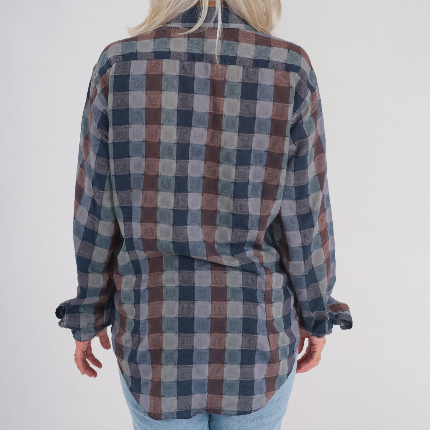 90s Grey Checkered Button-Up Shirt Long Sleeve Plaid Collared Small