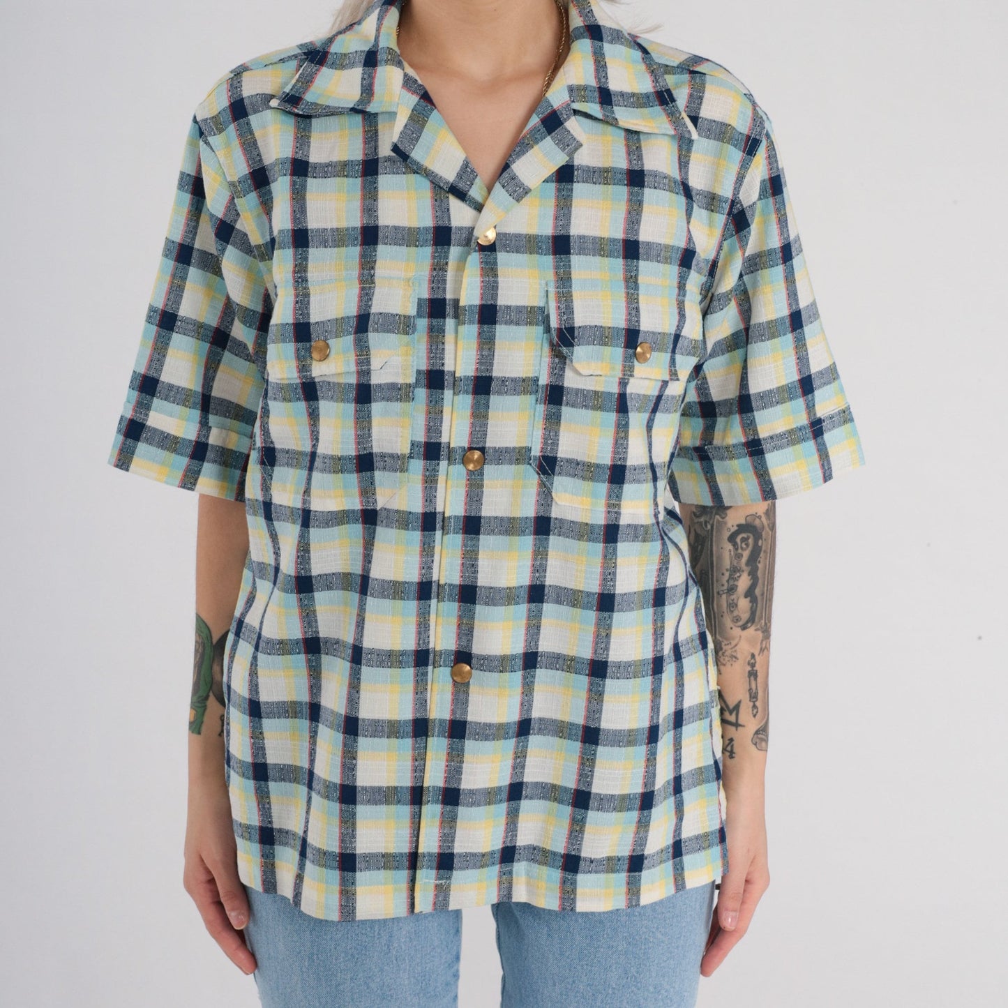 70s Checkered Button Up Shirt Gold Buttons Chest Pockets Medium