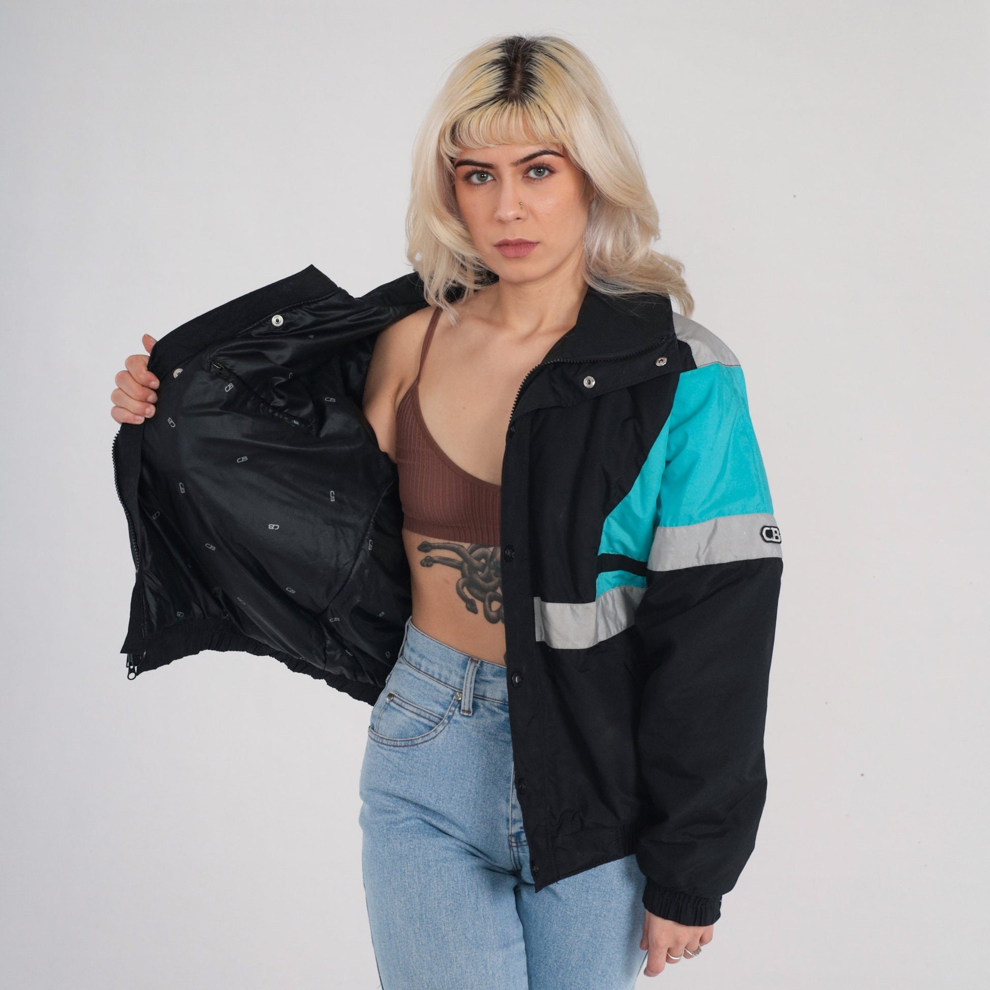 80s Thinsulate Puffer Jacket Black Blue Color Block Ski Coat Large