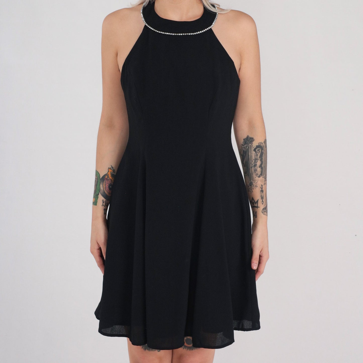 90s Black Velvet Mini Dress Rhinestone Halter Sleeveless Open Back Small