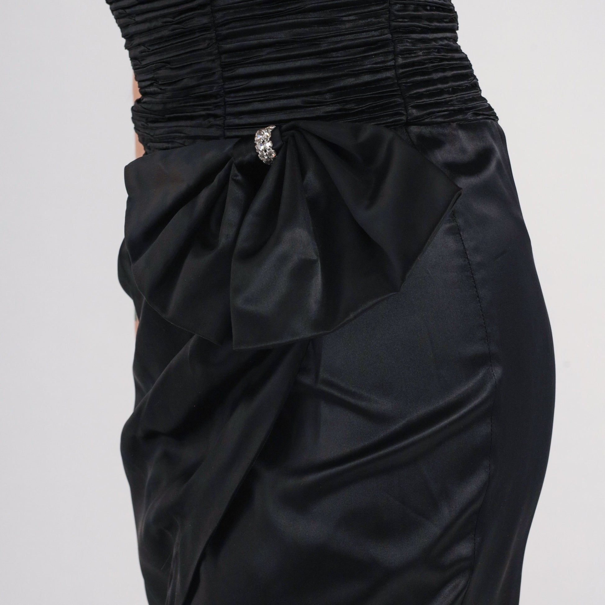 90s Zum Zum Black Velvet Mini Dress Off-Shoulder Rhinestone Bow XS