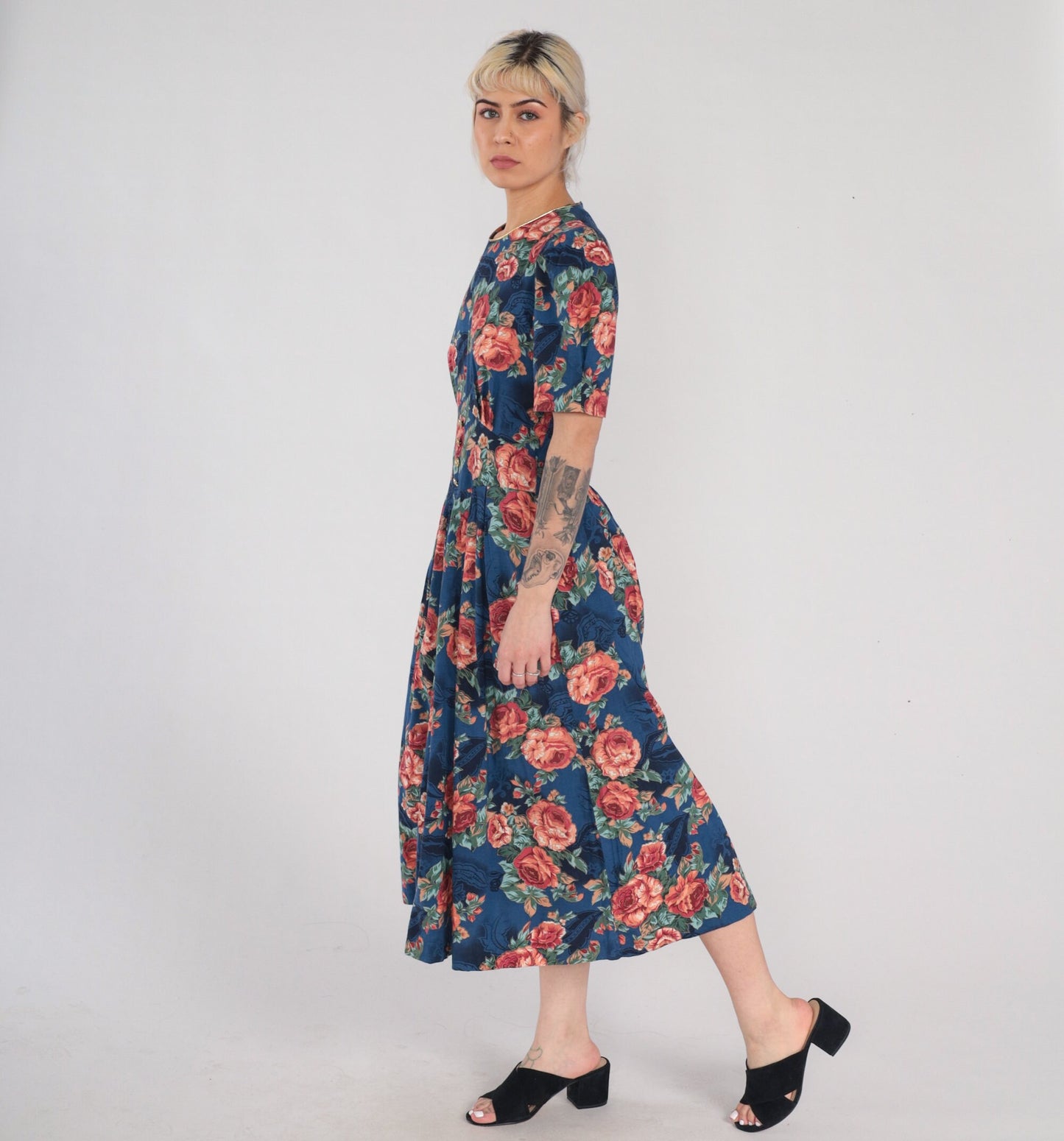 90s Navy Floral Midi Dress Puff Sleeve High Basque Waist Rose Print Medium M