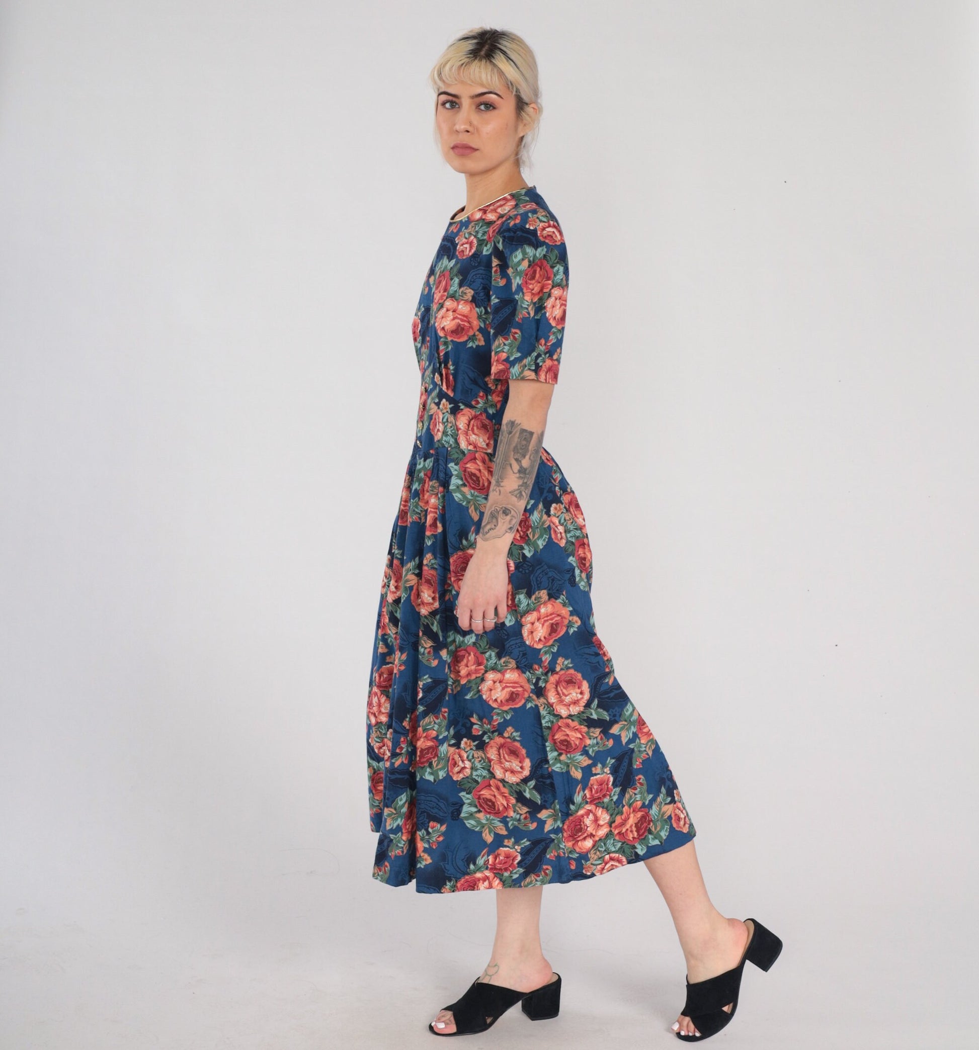 90s Navy Floral Midi Dress Puff Sleeve High Basque Waist Rose Print Medium M