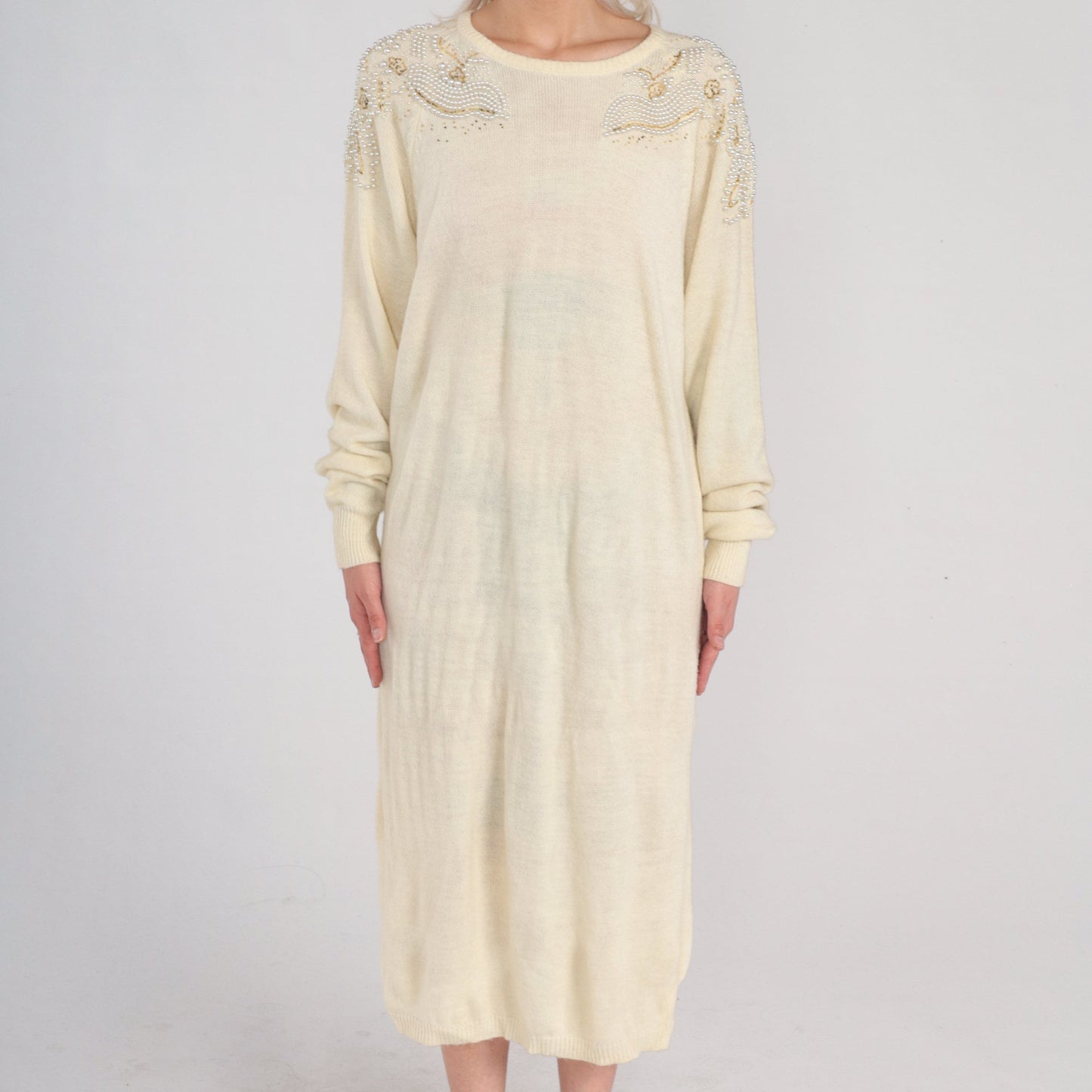 80s Cream Knit Midi Dress Pearl Beaded Shoulders Long Sleeve Shift Large L