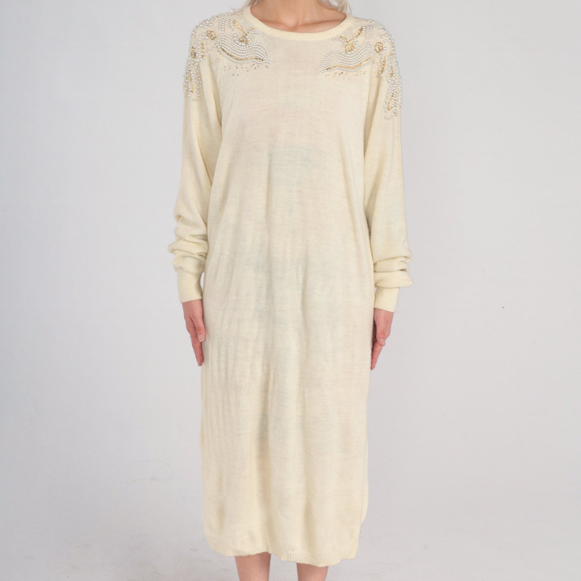 80s Cream Knit Midi Dress Pearl Beaded Shoulders Long Sleeve Shift Large L