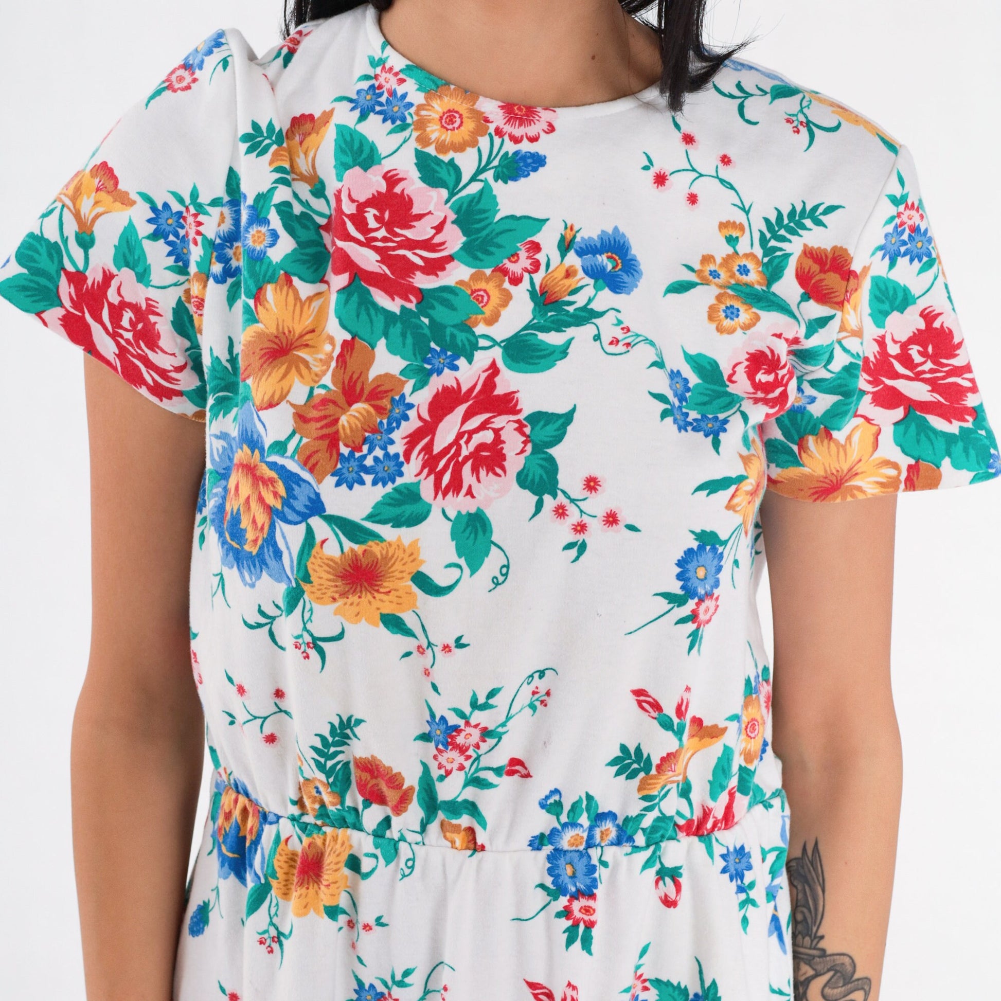 90s White Floral Rose Print Mini Dress High Waisted Short Sleeve Medium Large