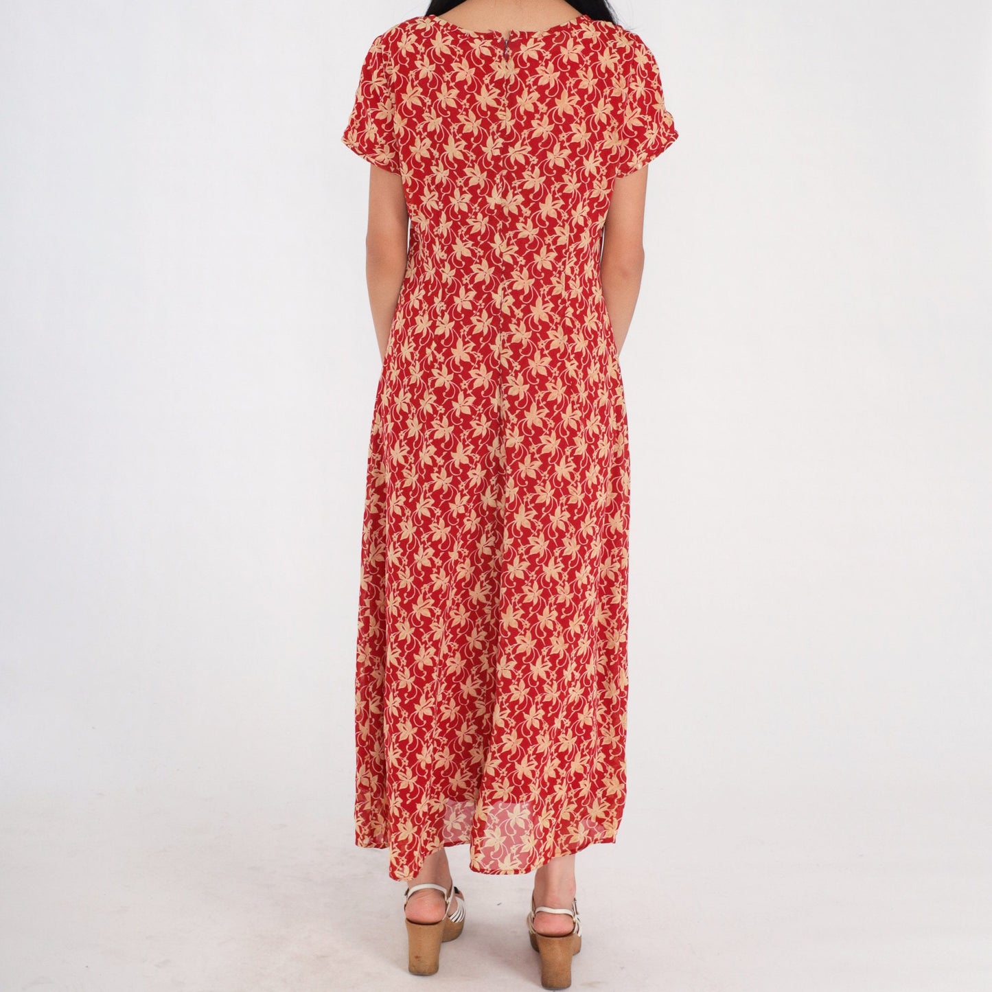 90s Red Floral Maxi Dress Short Sleeve Ankle Length Medium M