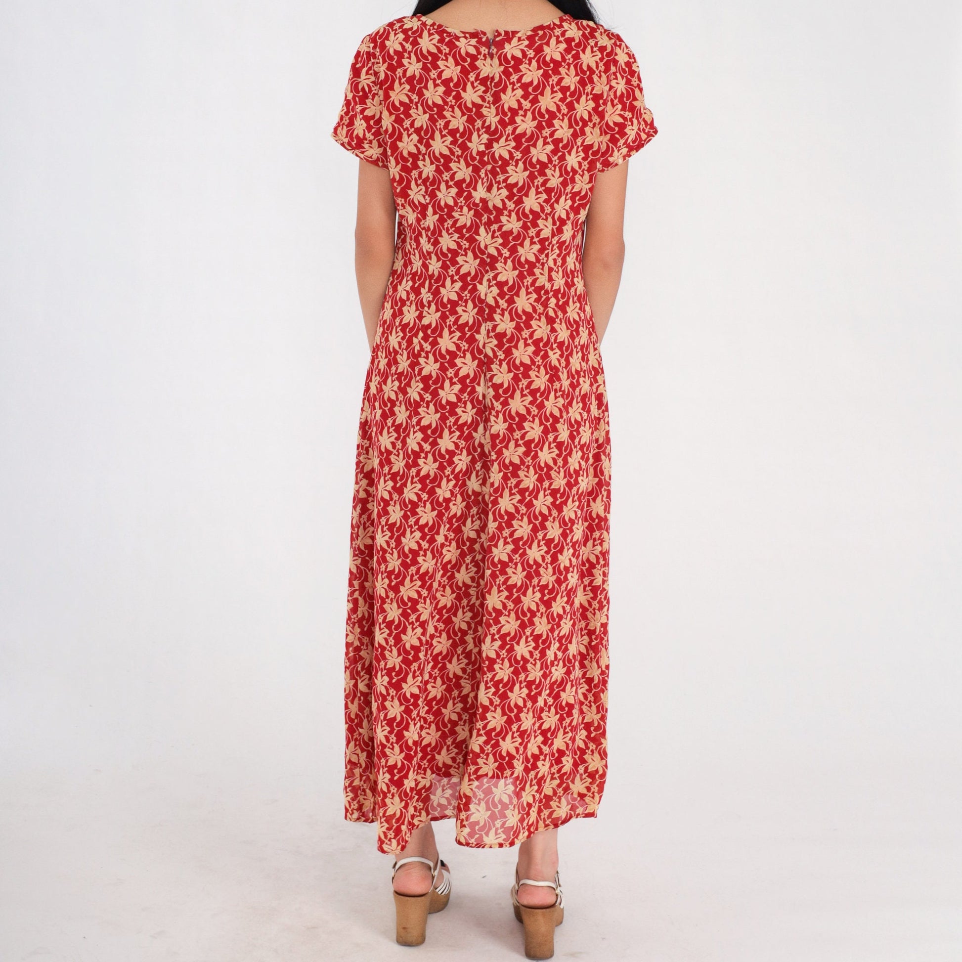 90s Red Floral Maxi Dress Short Sleeve Ankle Length Medium M