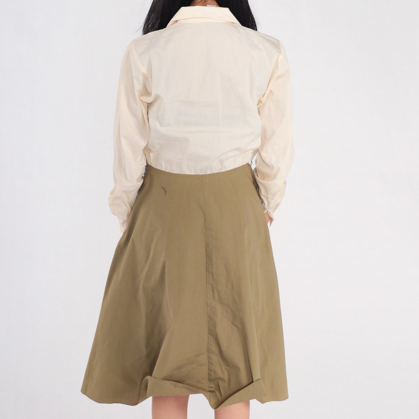 80s Leslie Fay Button-Up Shirtwaist Midi Dress Cream Olive Small