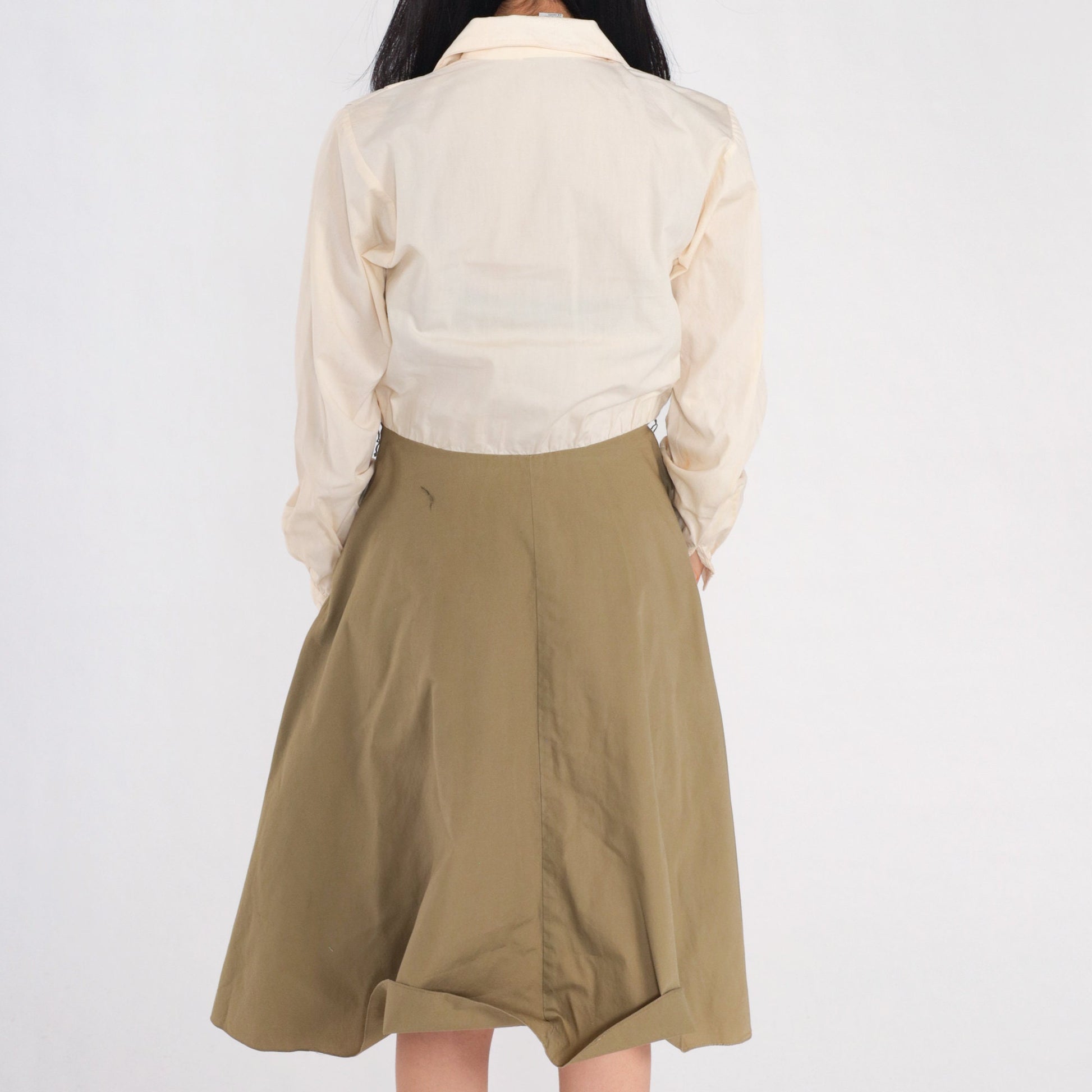 80s Leslie Fay Button-Up Shirtwaist Midi Dress Cream Olive Small