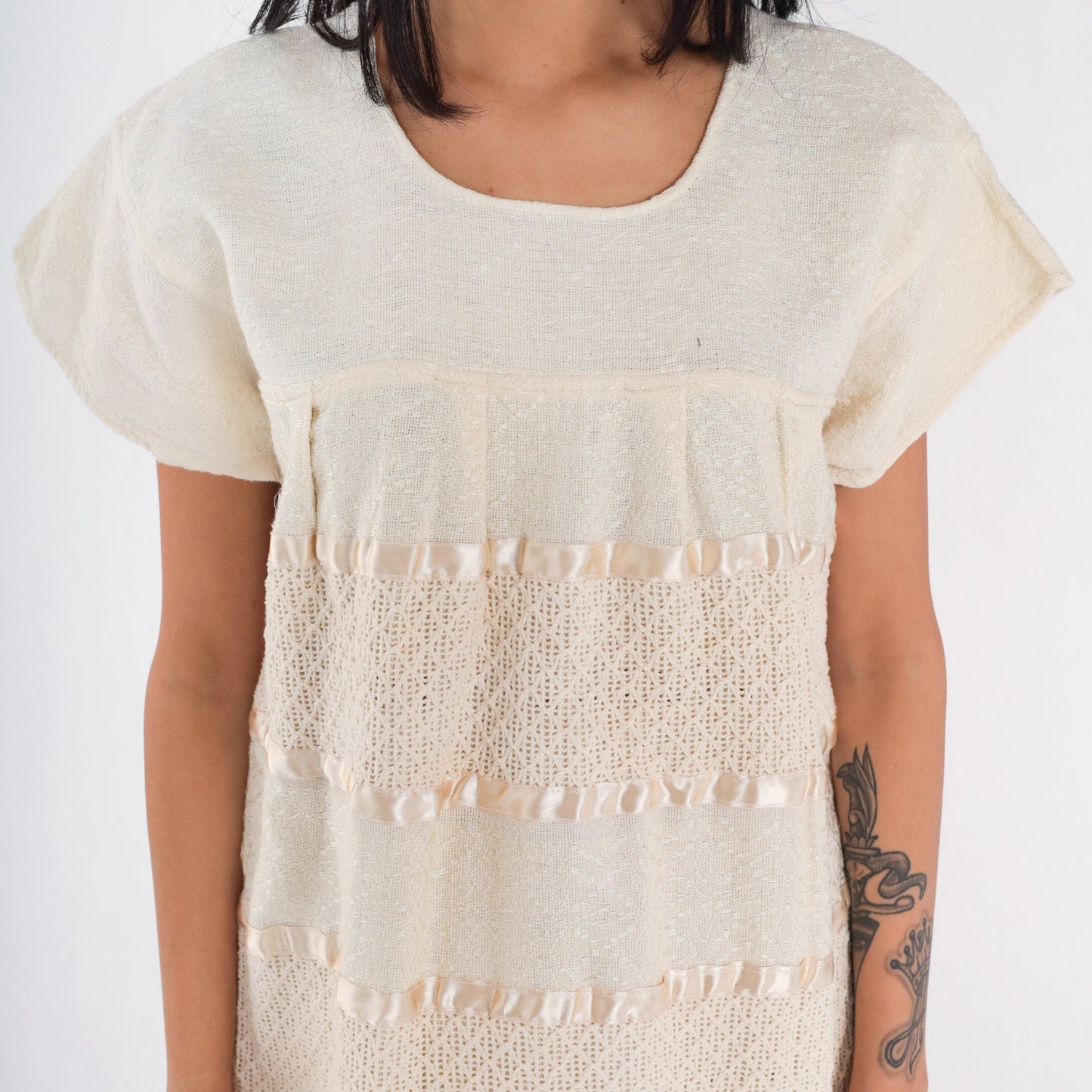 90s Cream Cotton Woven Midi Dress Cap Sleeve Tiered Medium Large