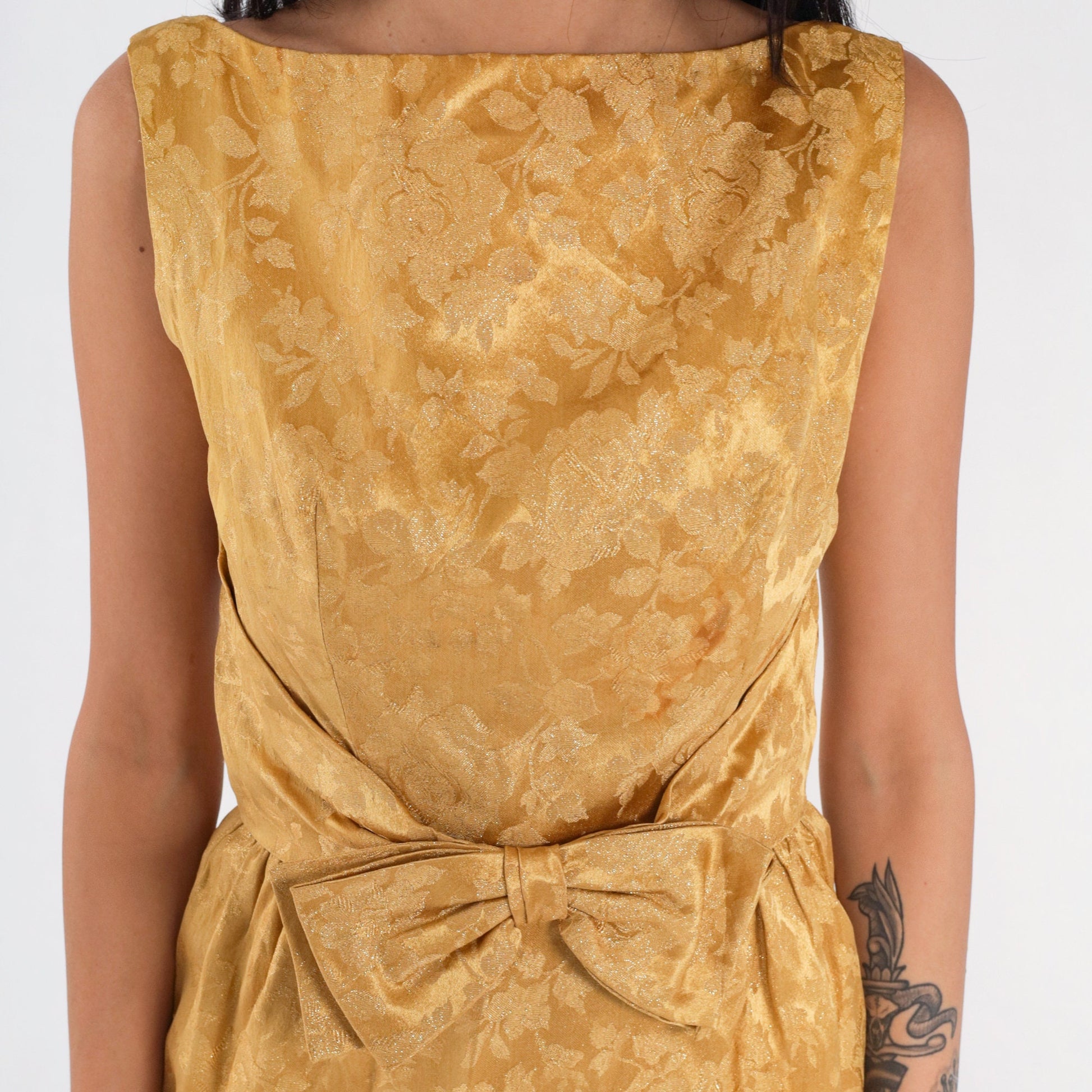 60s Gold Floral Brocade Mini Dress Sleeveless Low Back Bow High Waist Extra Small