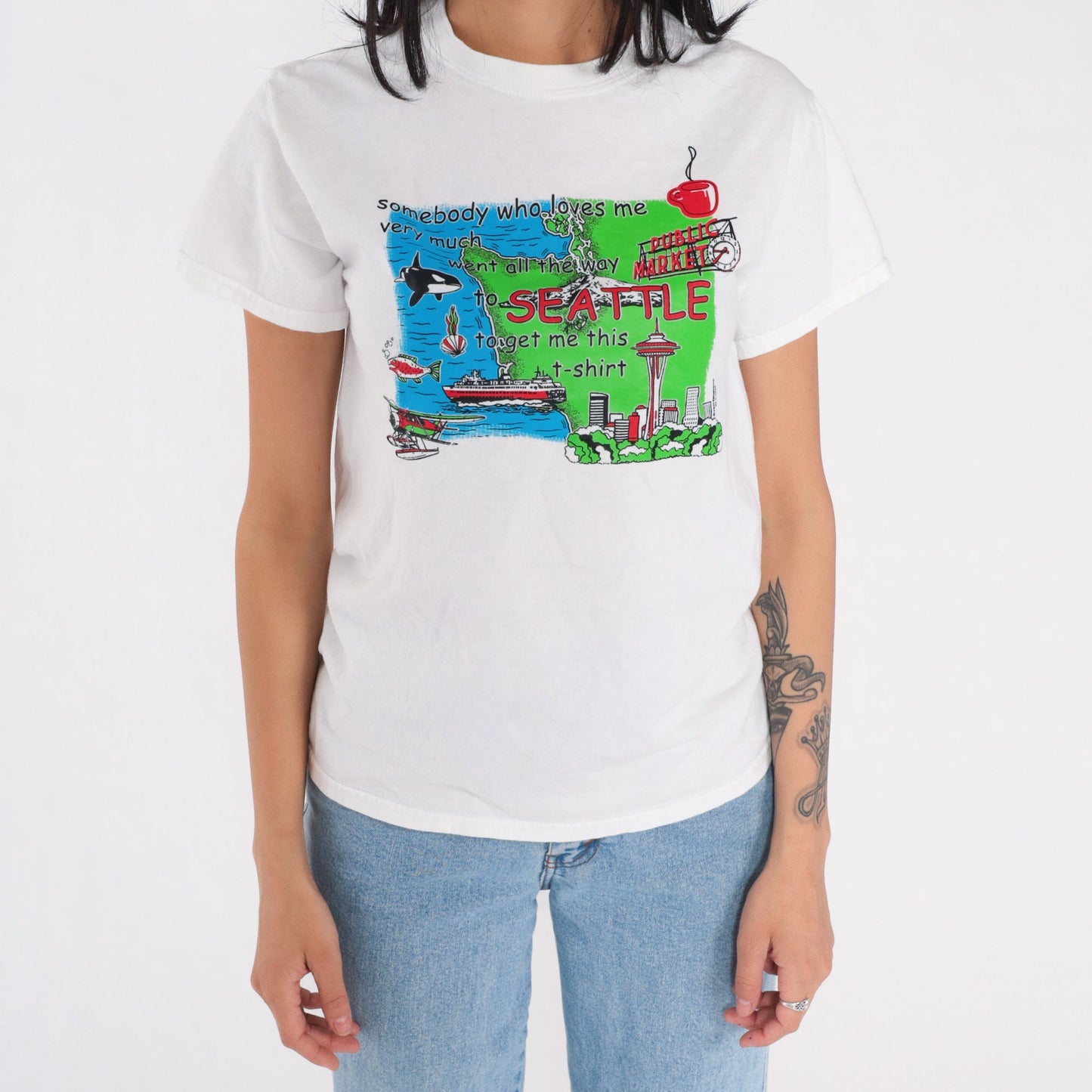 00s Seattle Graphic T-Shirt "Somebody Loves Me" White Cotton Tee Small