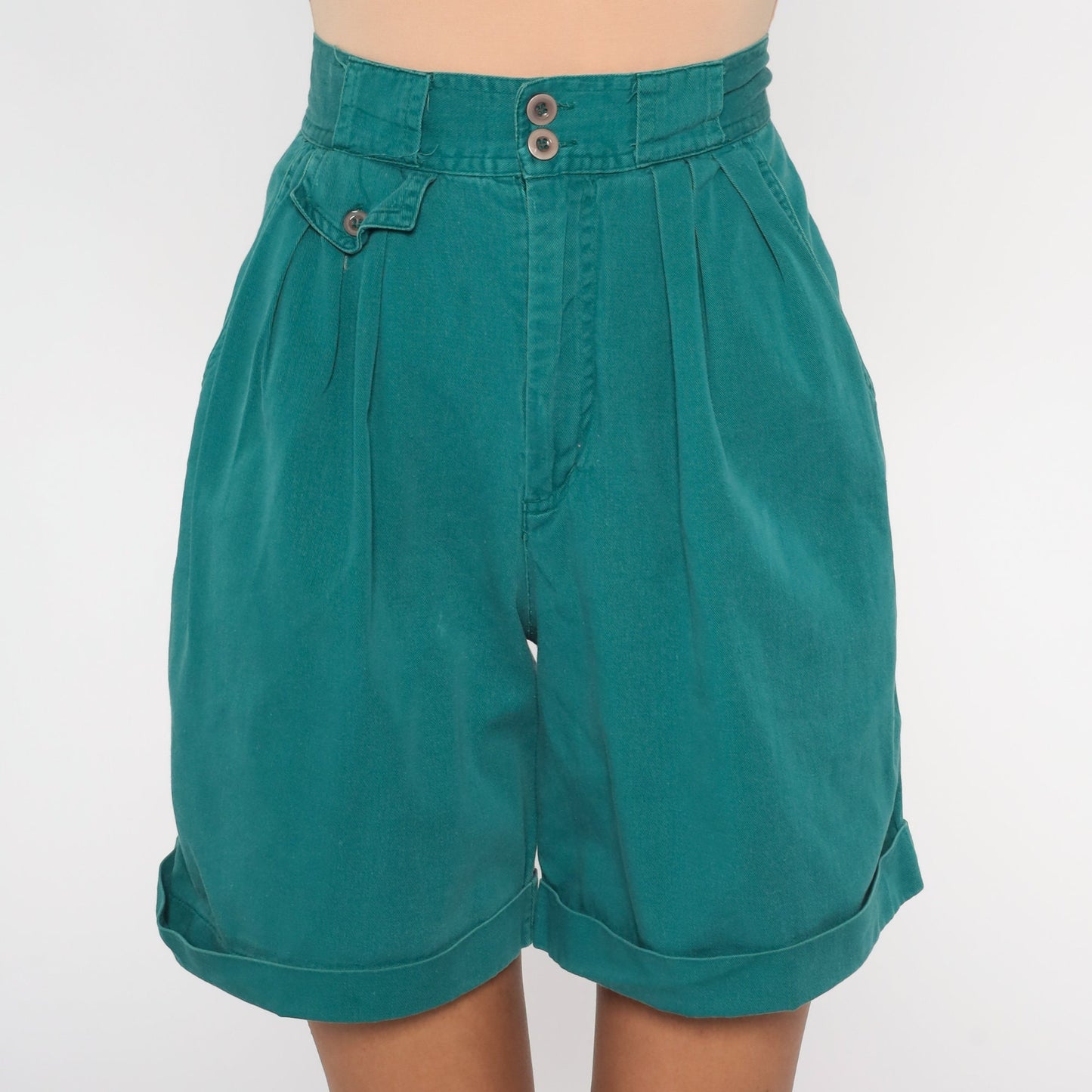 90s Great Land Apparel Green Pleated High-Waist Shorts Cotton Extra Small