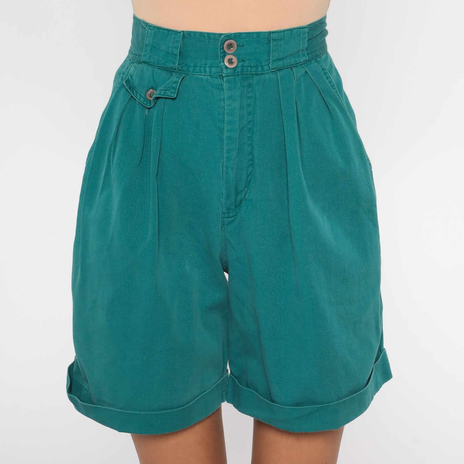 90s Great Land Apparel Green Pleated High-Waist Shorts Cotton Extra Small
