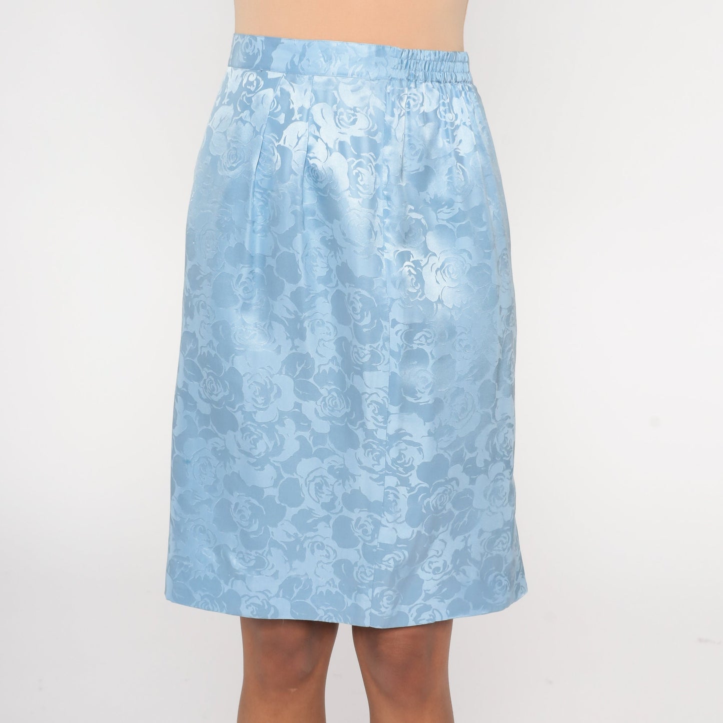00s Blue Silk Floral Skirt Embossed High Waisted Knee Length Small 4