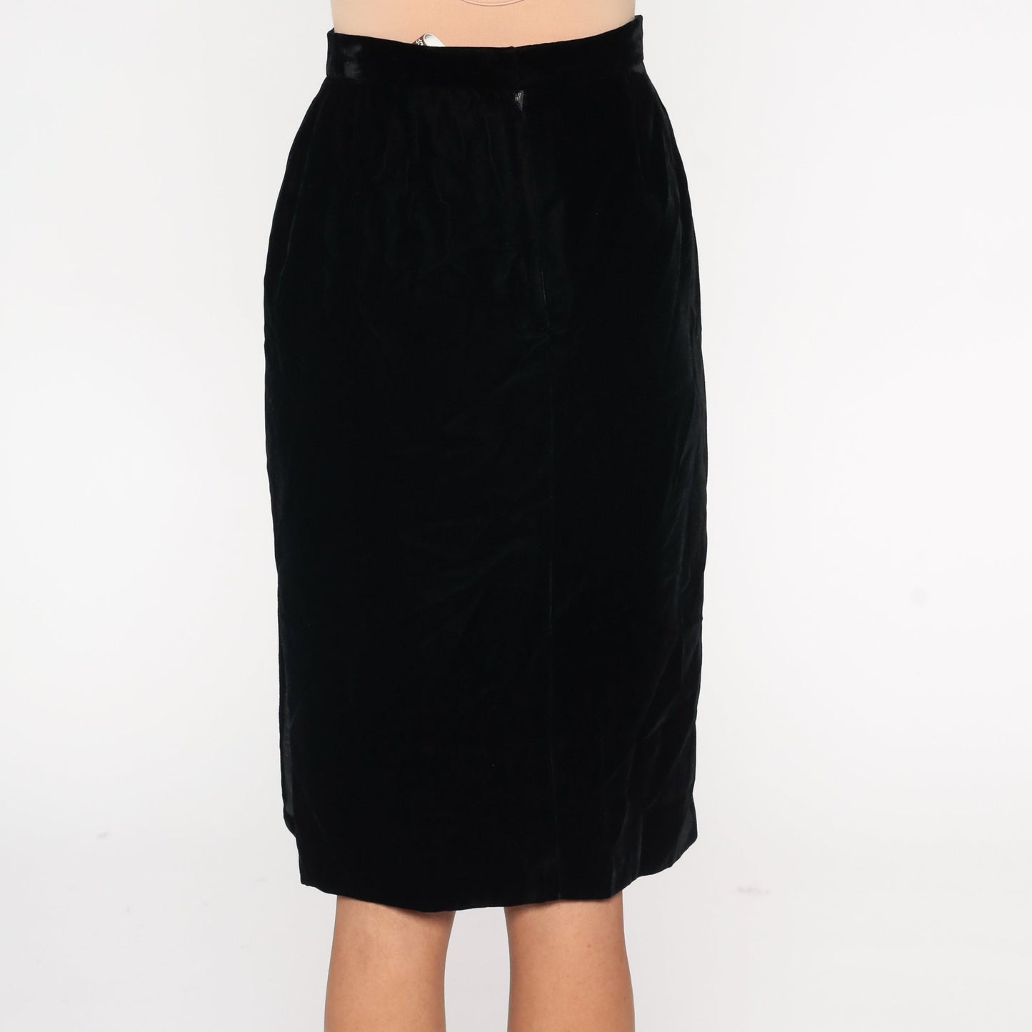90s Black Velvet Midi Pencil Skirt High Waist Small