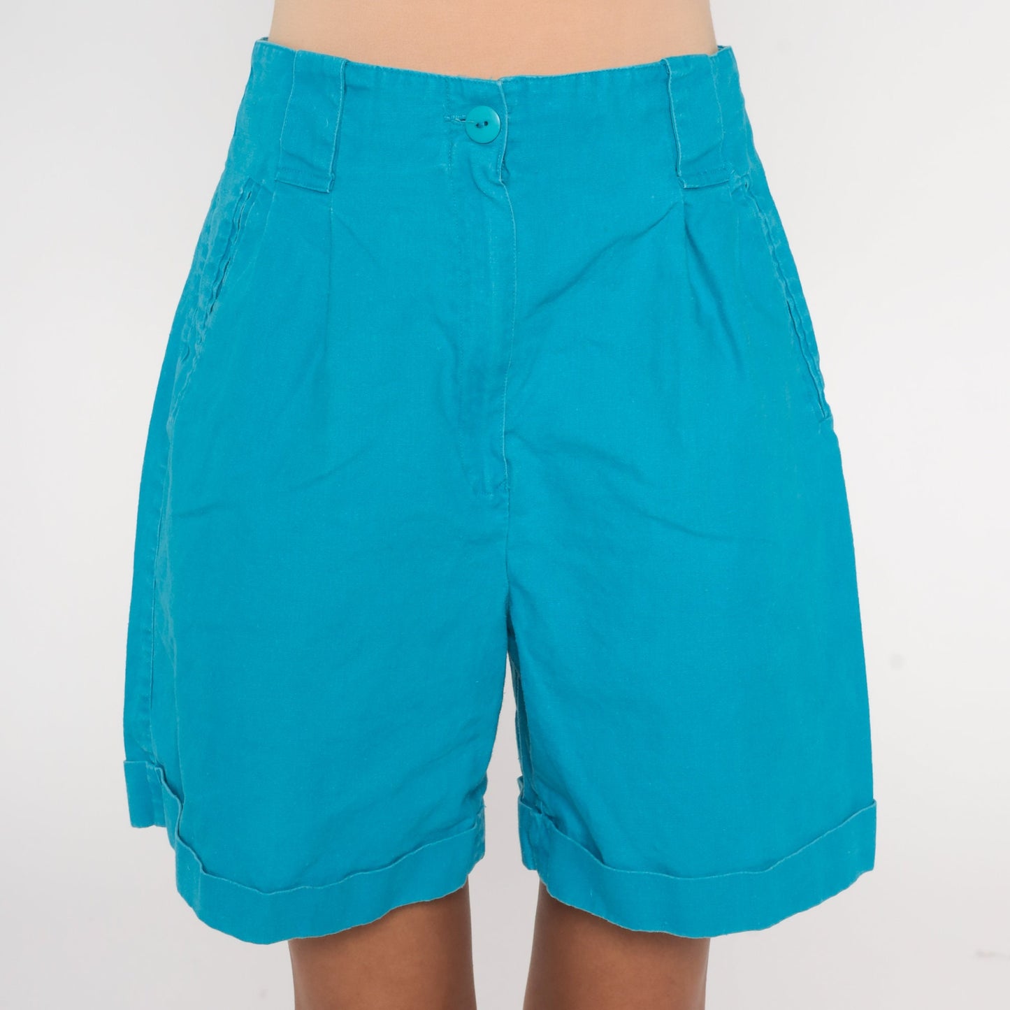 90s Blue Pleated High-Waist Shorts Cuffed Ramie Cotton Small